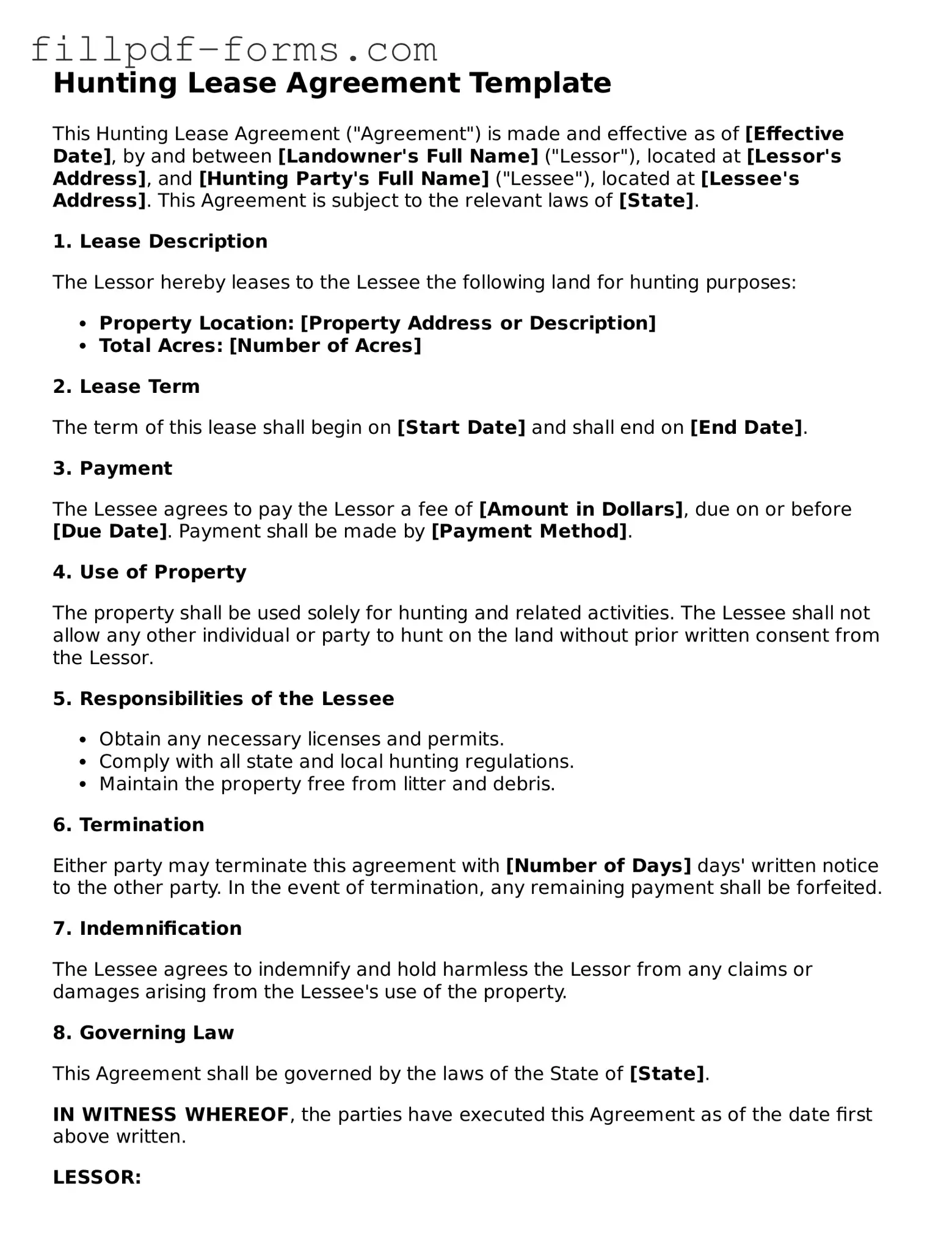 Fillable Hunting Lease Agreement Template