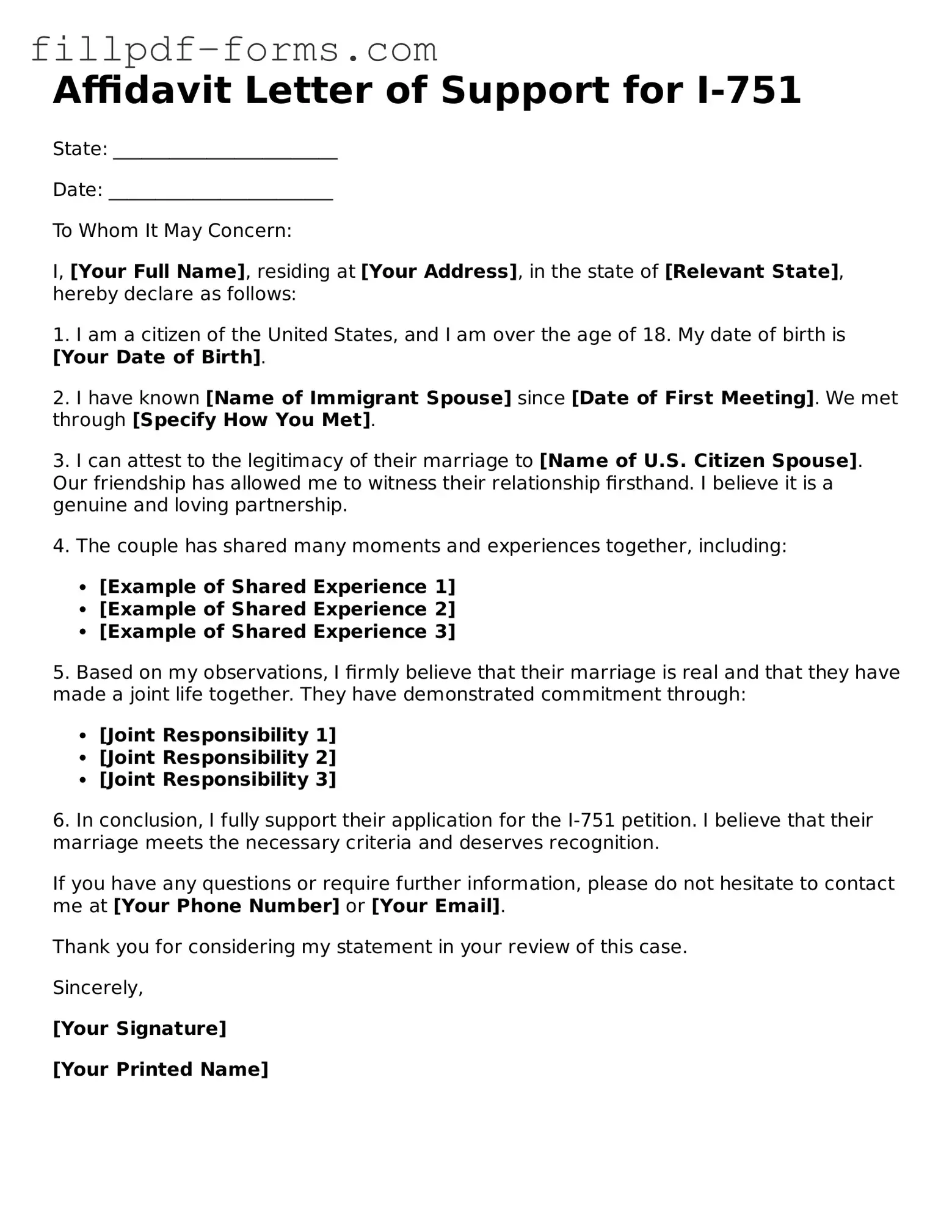 Fillable Affidavit Letter of Support for I-751 Template
