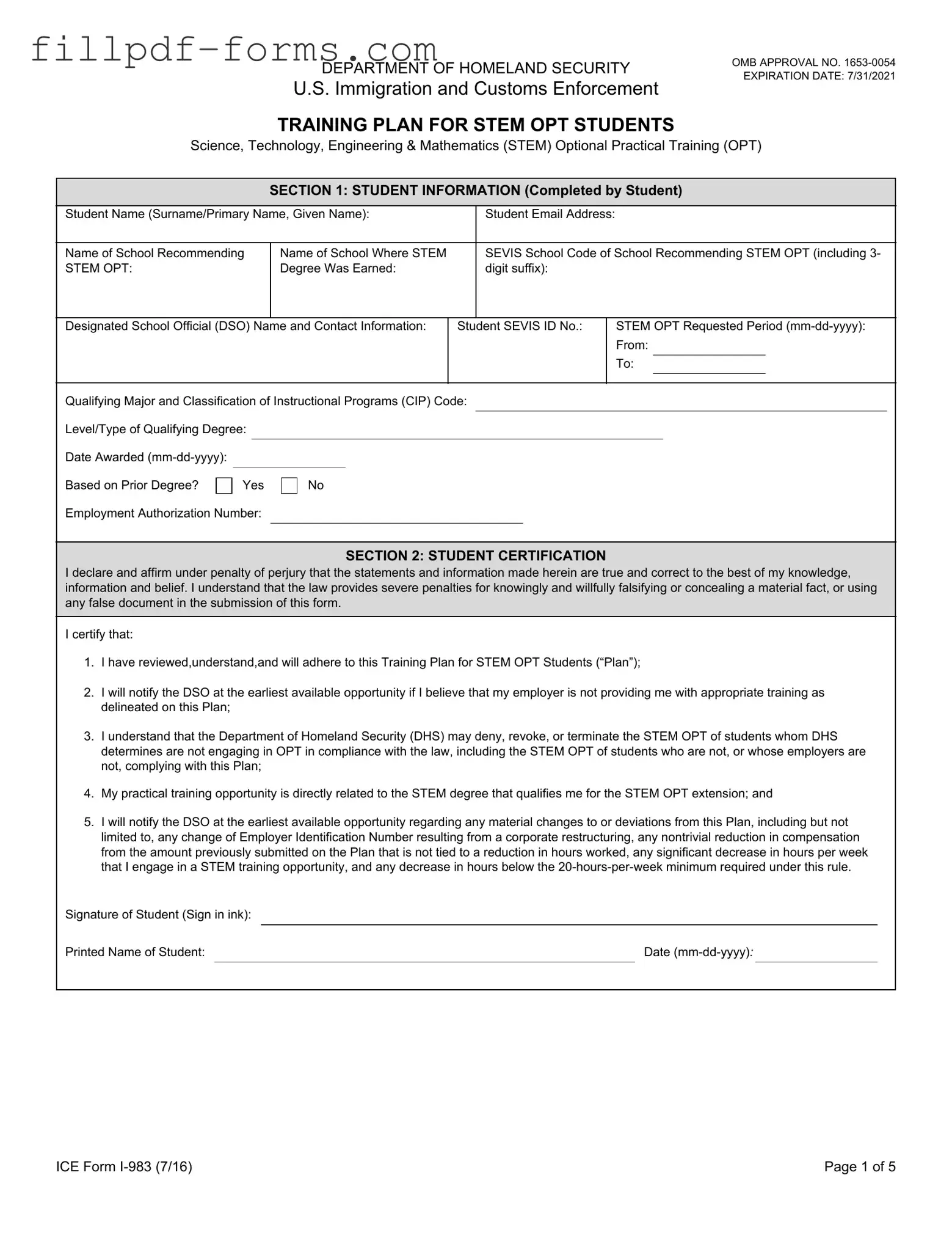 ICE I-983 PDF Form