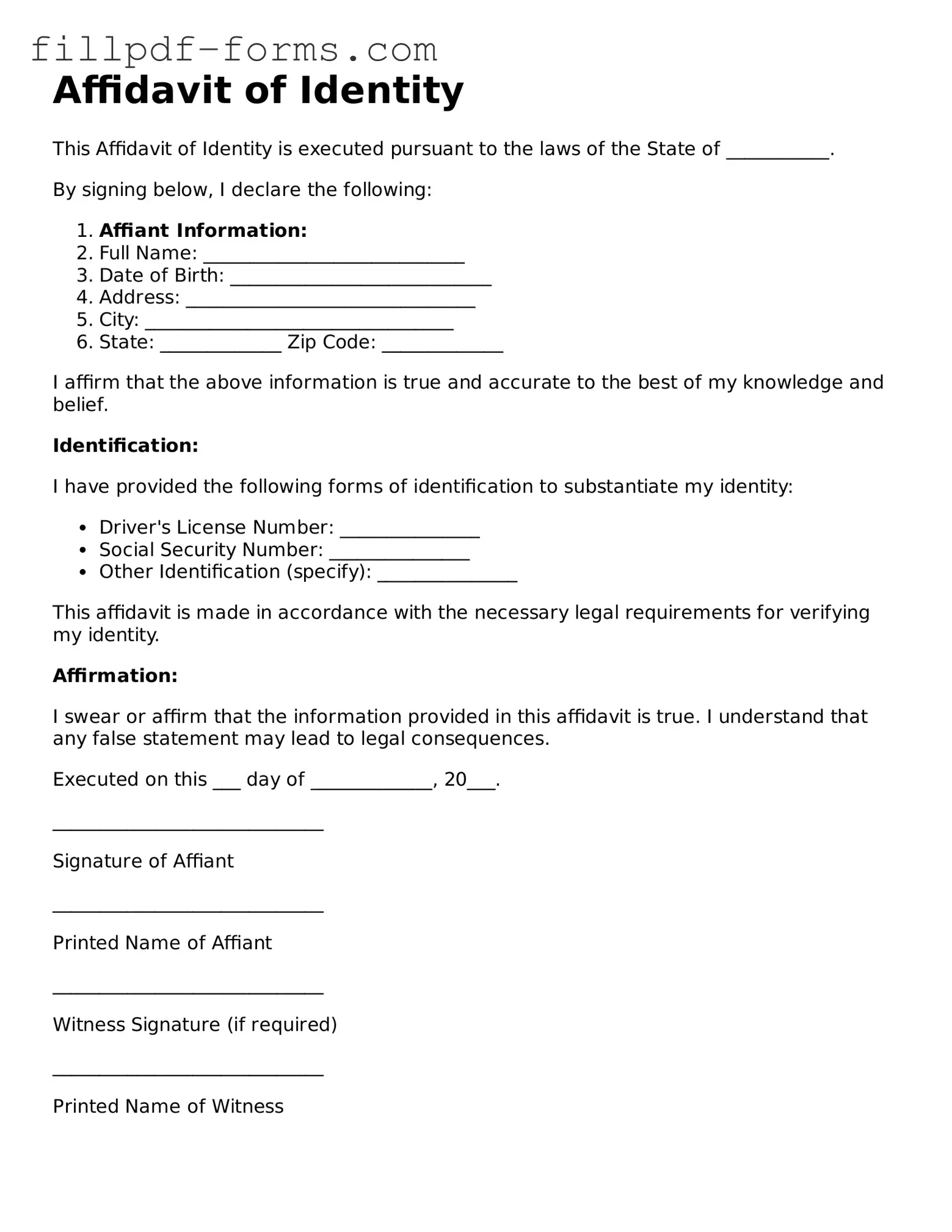Fillable Affidavit of Identity Template