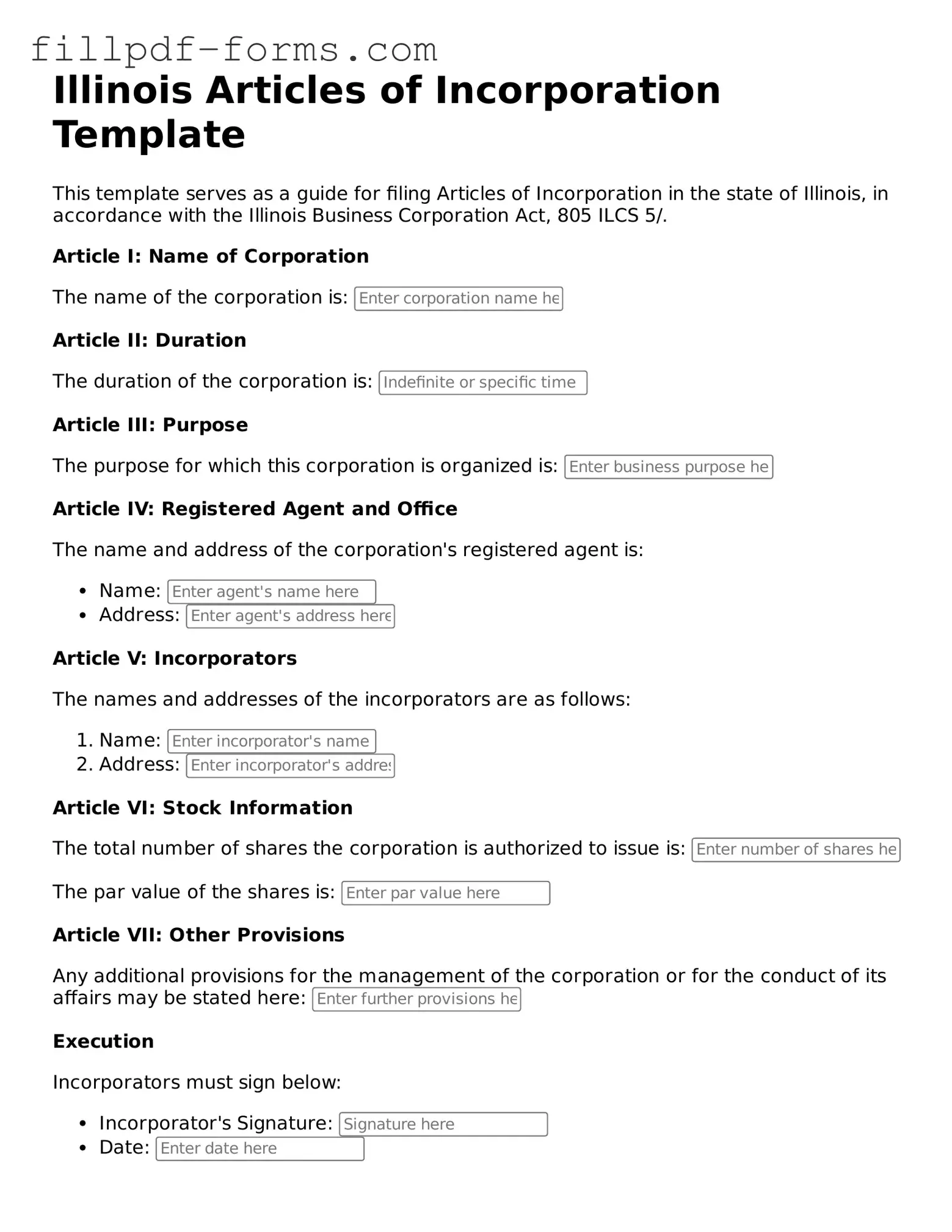 Fillable Articles of Incorporation Template for the State of Illinois