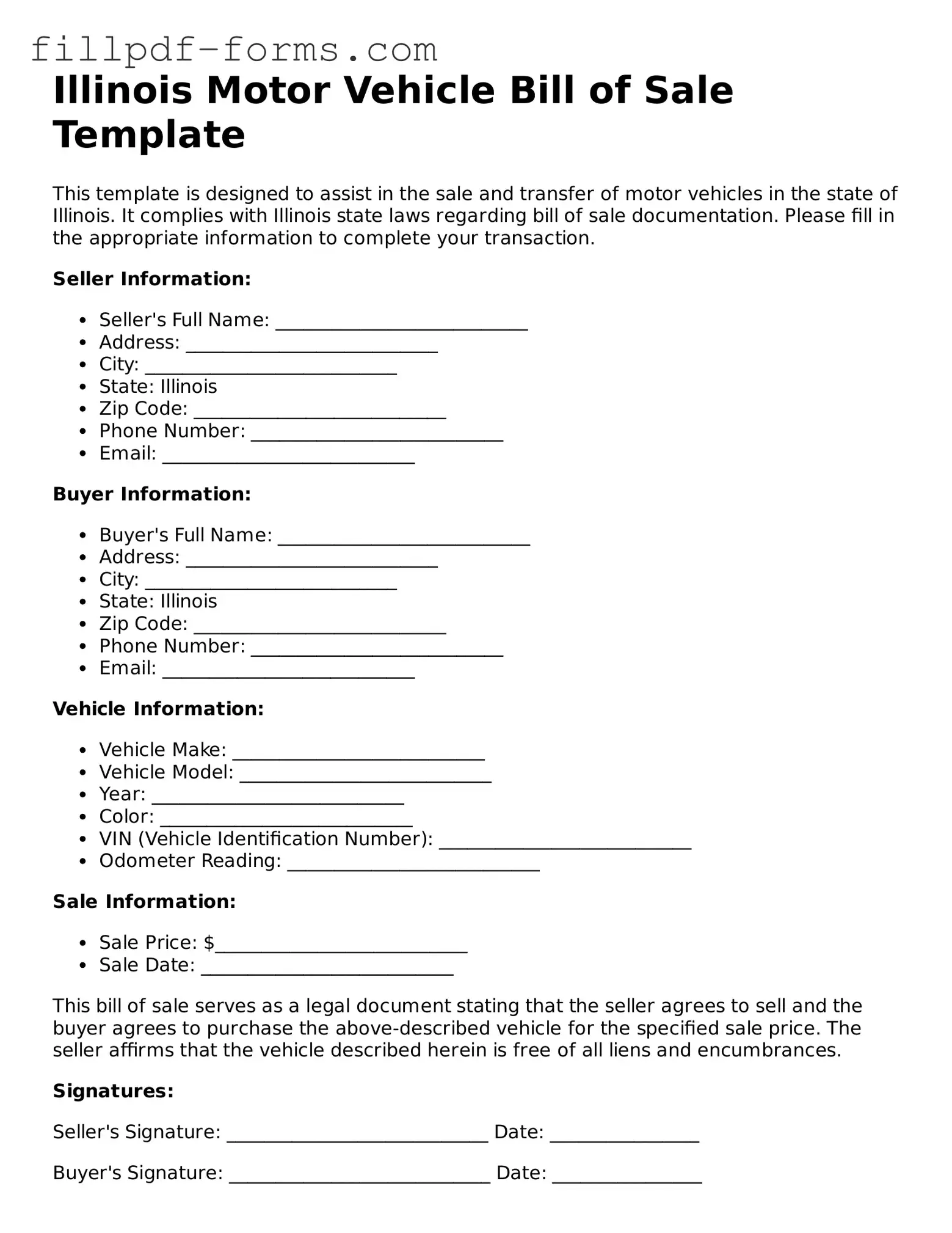 Fillable Motor Vehicle Bill of Sale Template for the State of Illinois