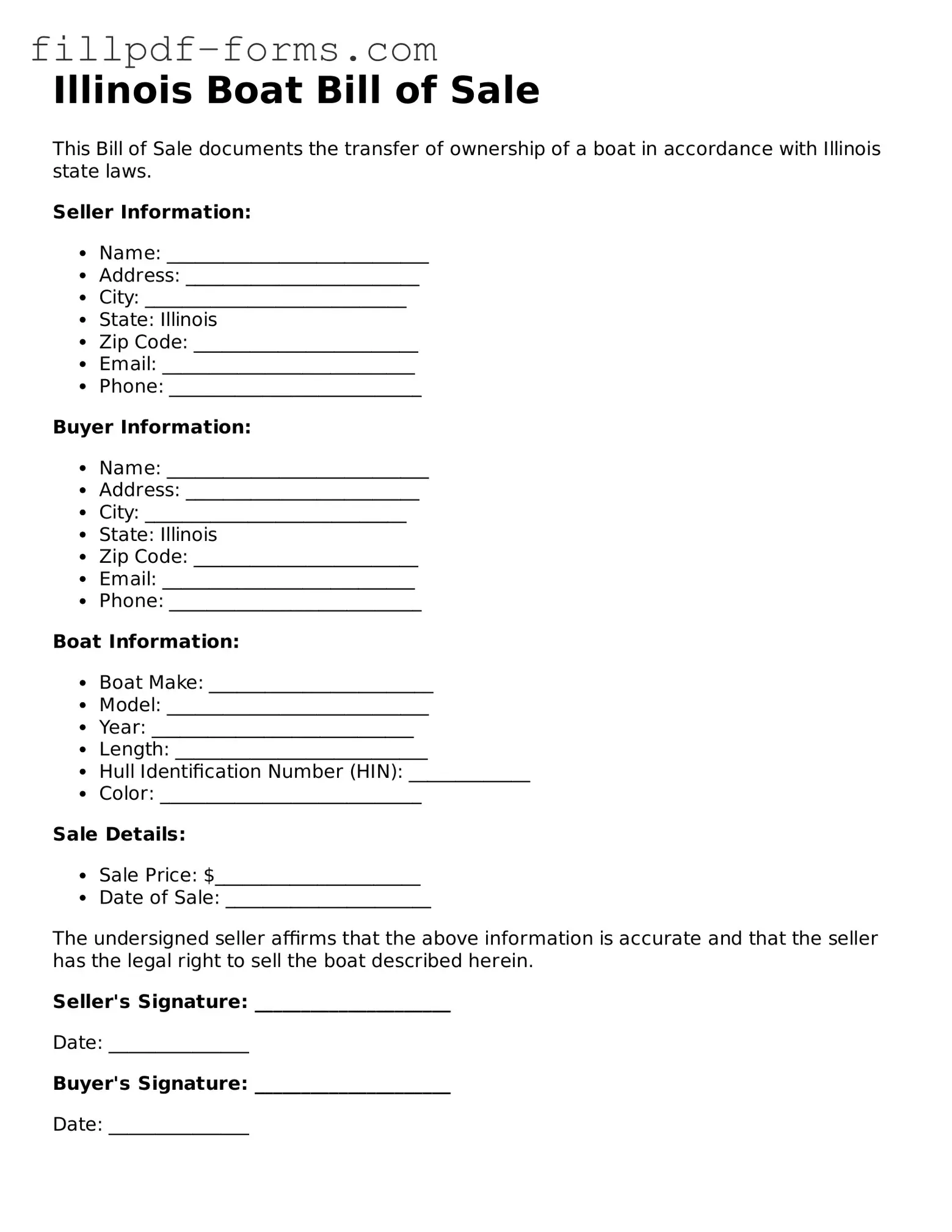Fillable Boat Bill of Sale Template for the State of Illinois