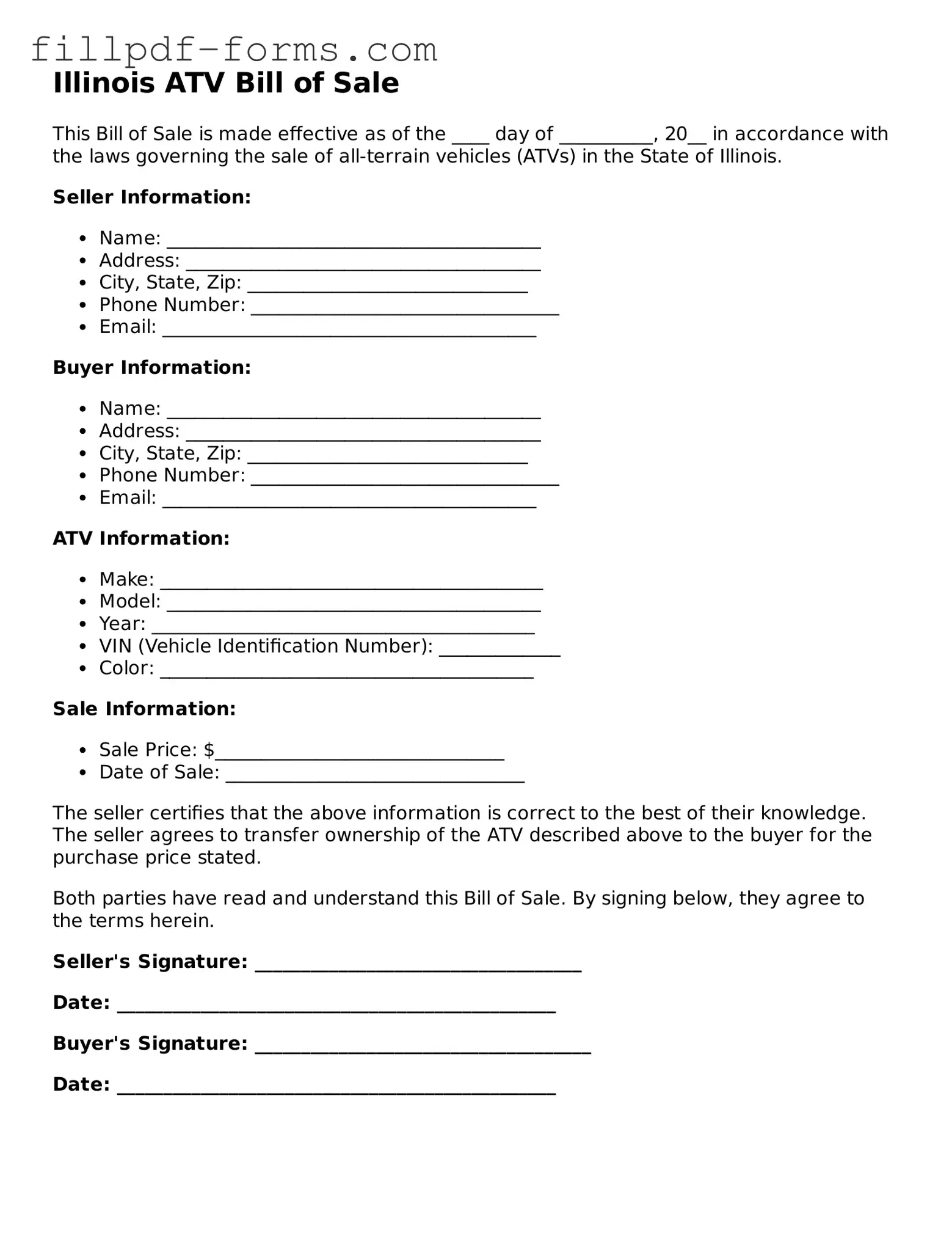 Fillable ATV Bill of Sale Template for the State of Illinois