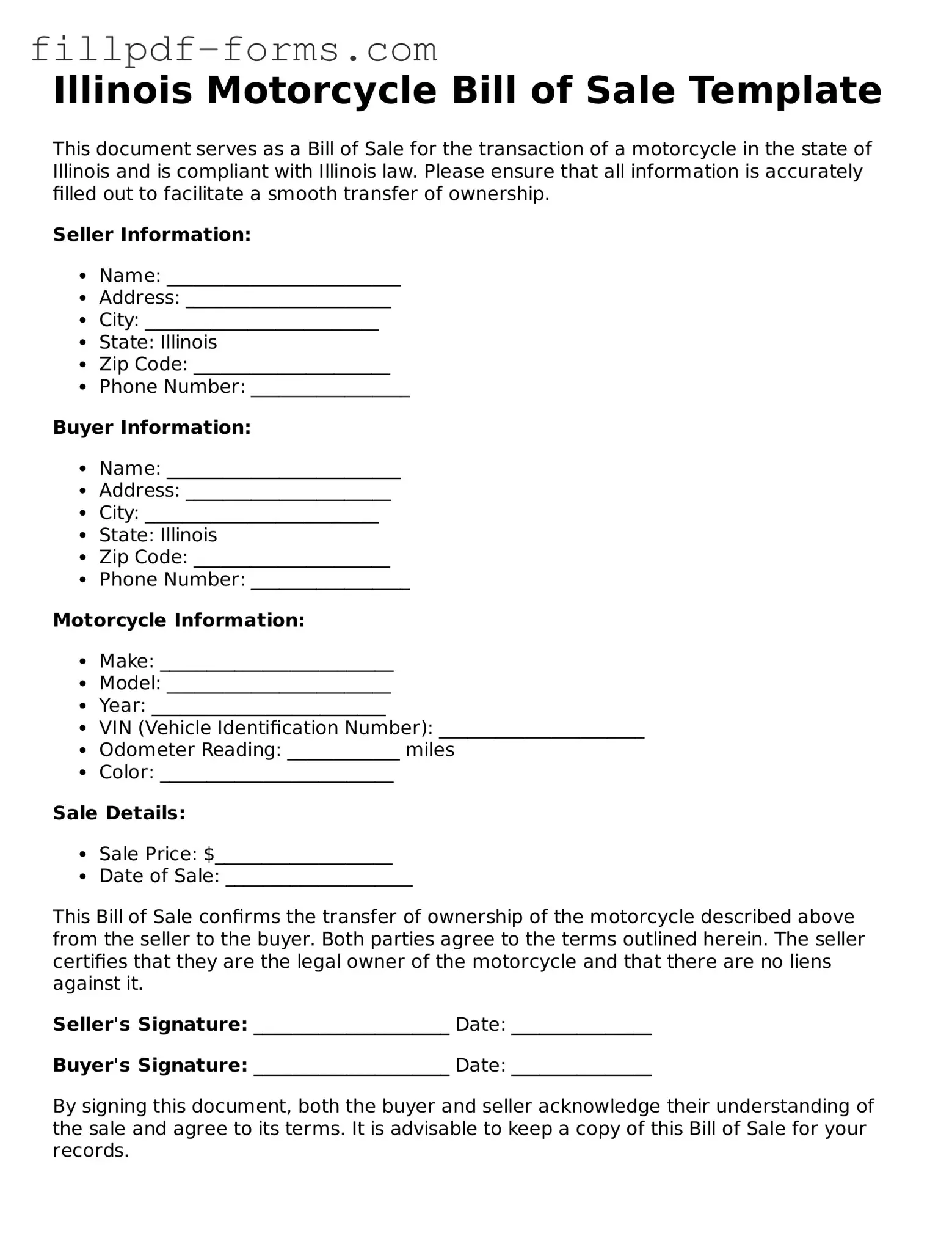 Fillable Motorcycle Bill of Sale Template for the State of Illinois