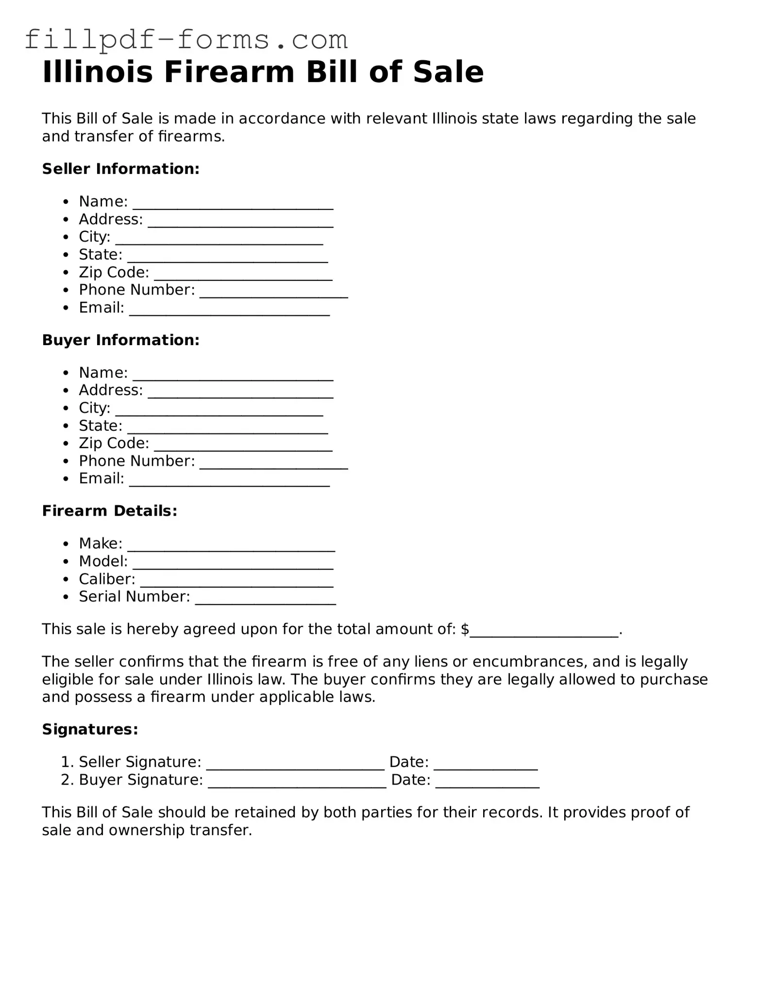 Fillable Firearm Bill of Sale Template for the State of Illinois