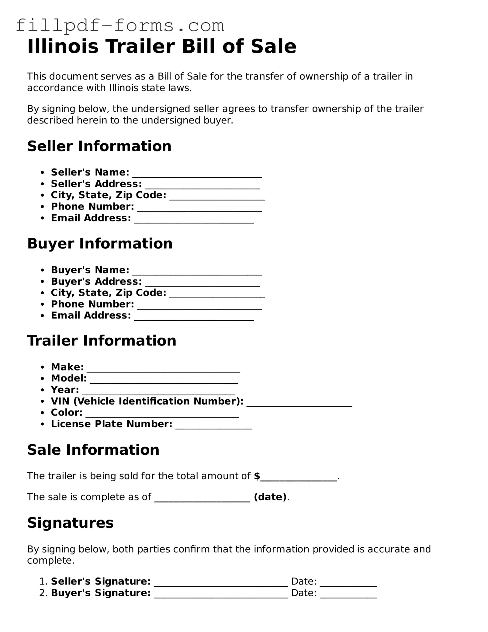 Fillable Trailer Bill of Sale Template for the State of Illinois