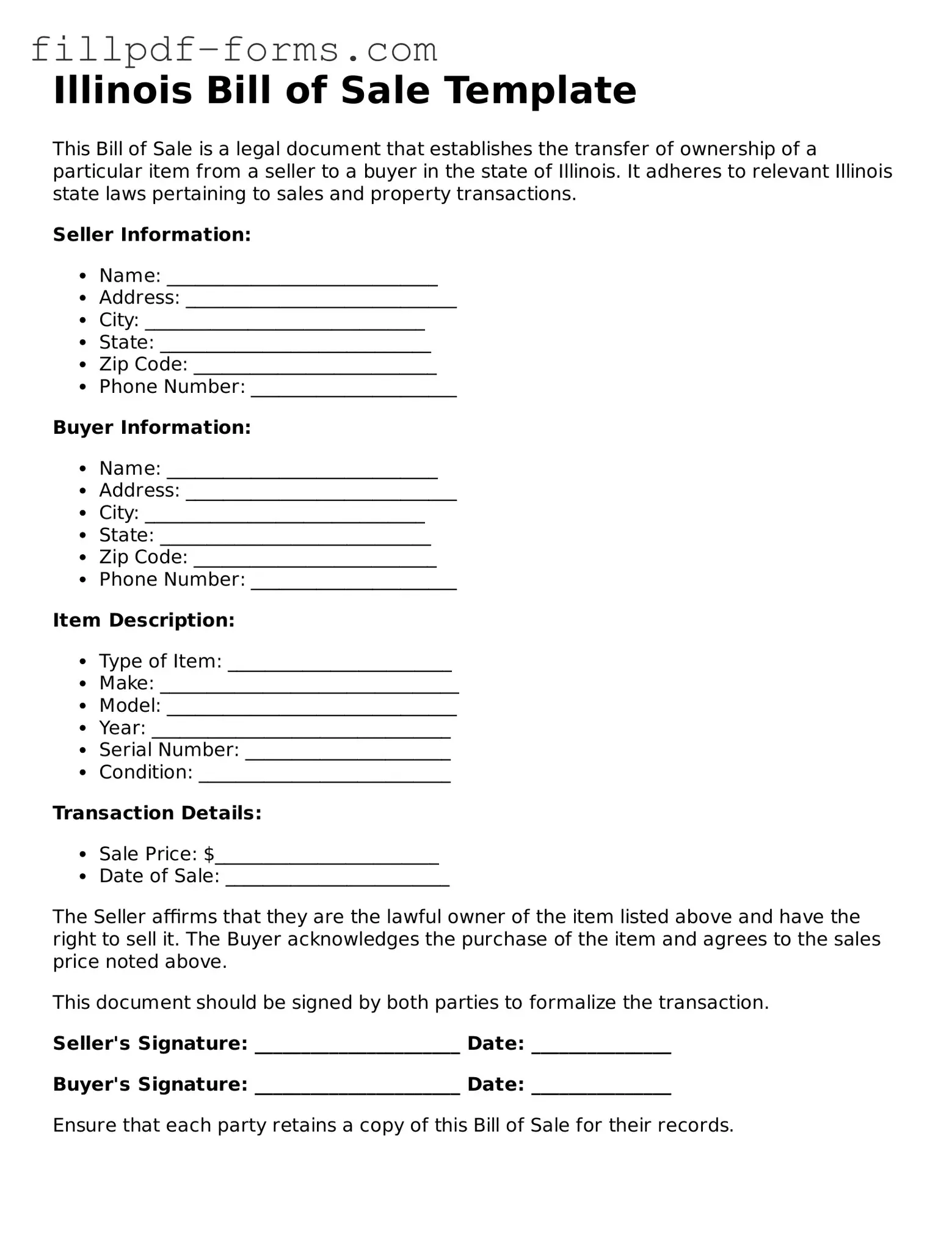Fillable Bill of Sale Template for the State of Illinois