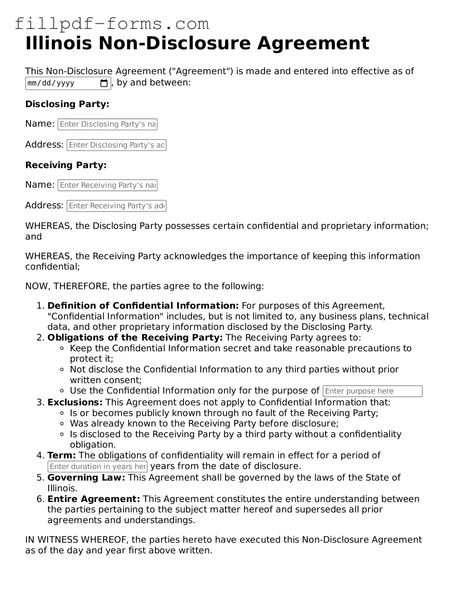 Fillable Non-disclosure Agreement Template for the State of Illinois