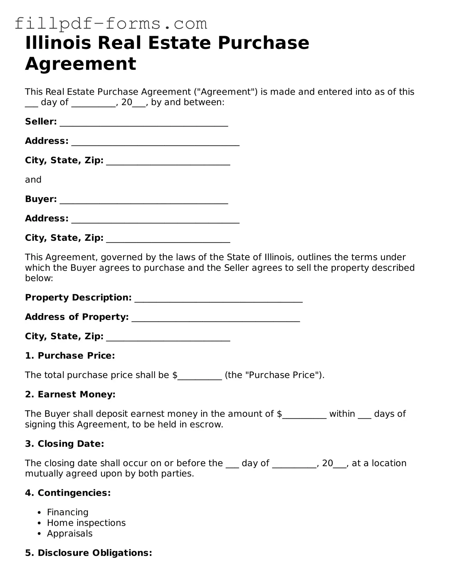 Fillable Real Estate Purchase Agreement Template for the State of Illinois