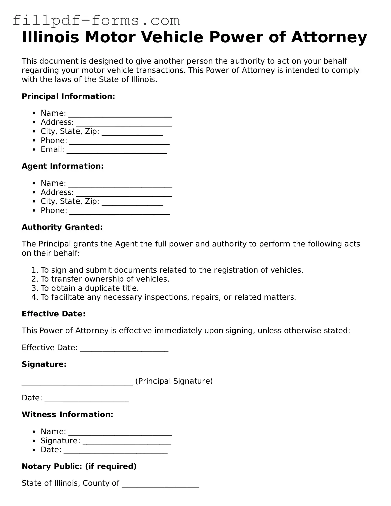 Fillable Motor Vehicle Power of Attorney Template for the State of Illinois