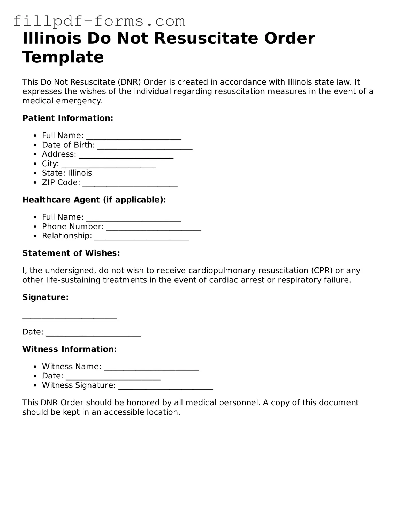 Fillable Do Not Resuscitate Order Template for the State of Illinois