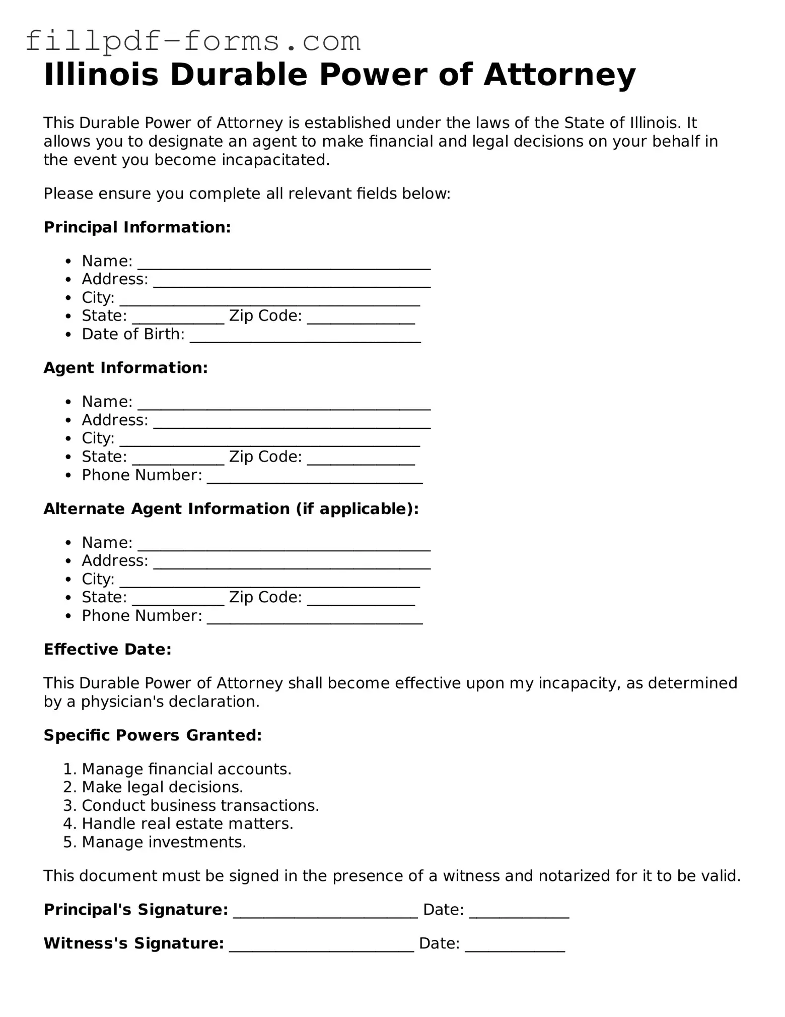 Fillable Durable Power of Attorney Template for the State of Illinois
