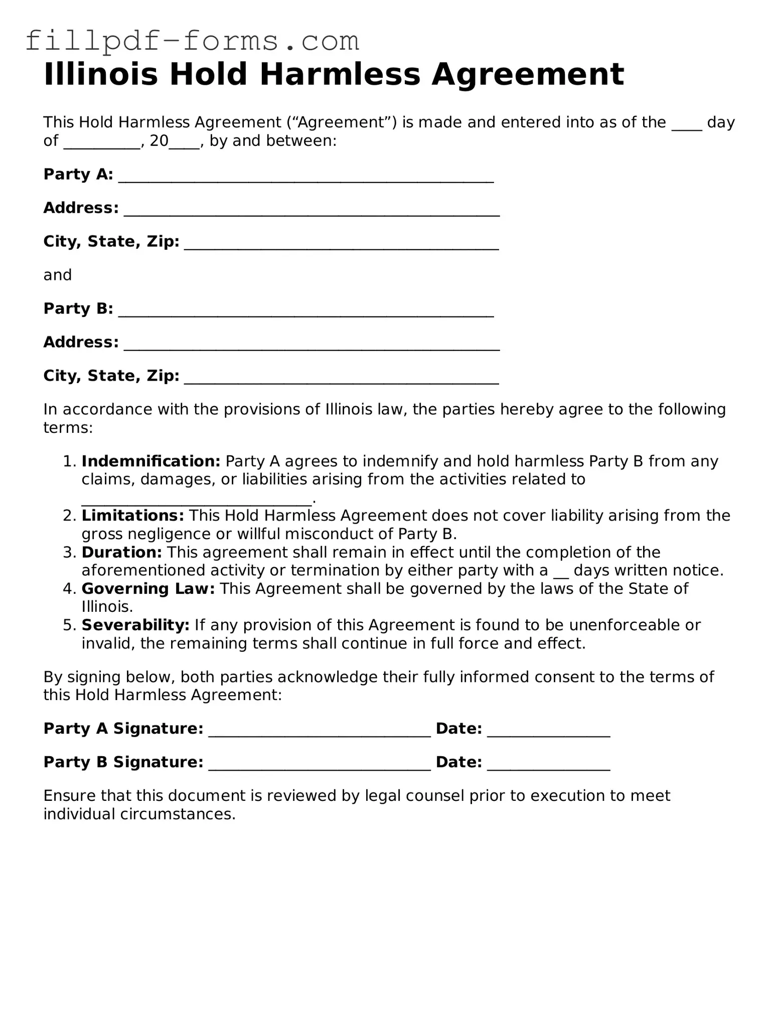 Fillable Hold Harmless Agreement Template for the State of Illinois