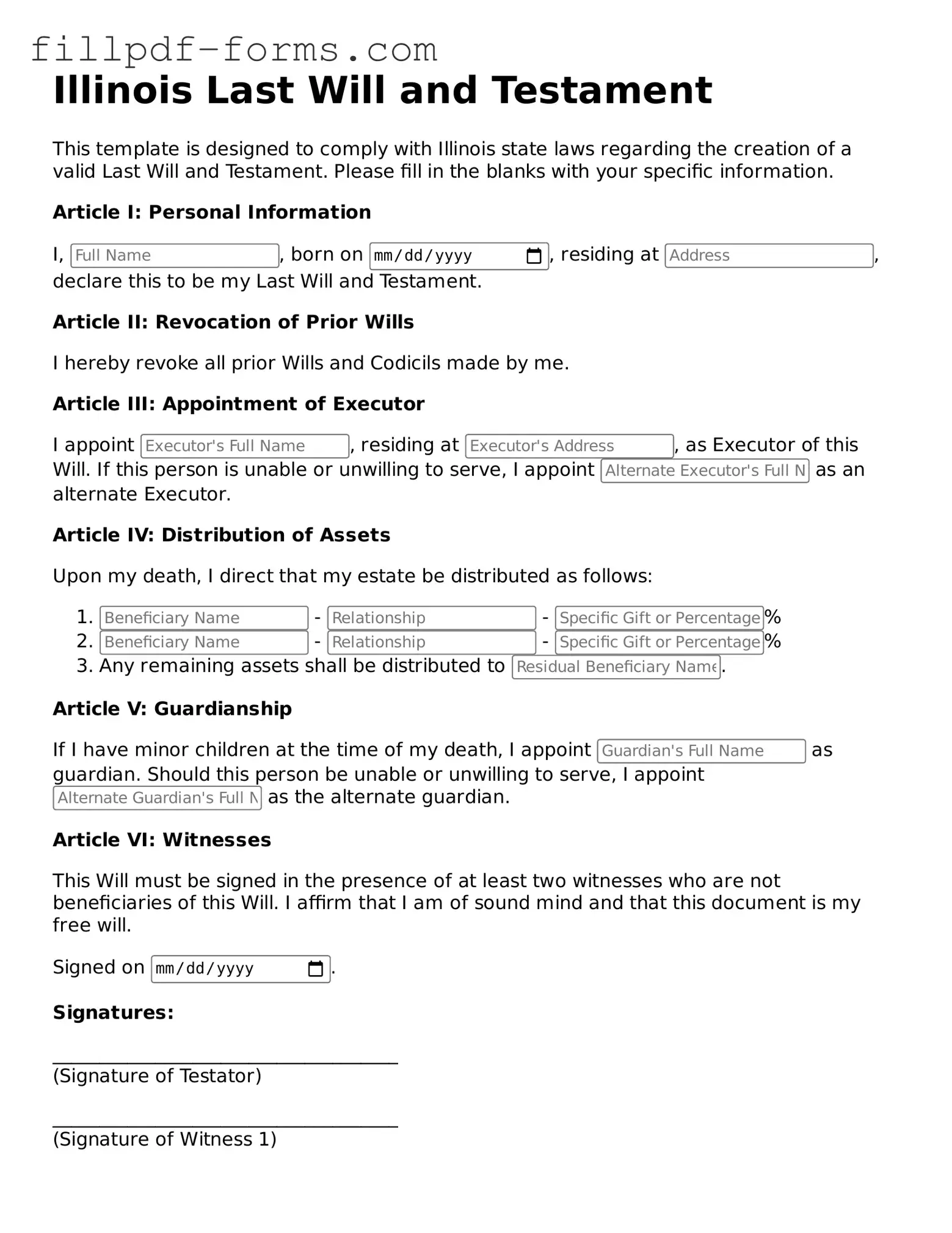 Fillable Last Will and Testament Template for the State of Illinois