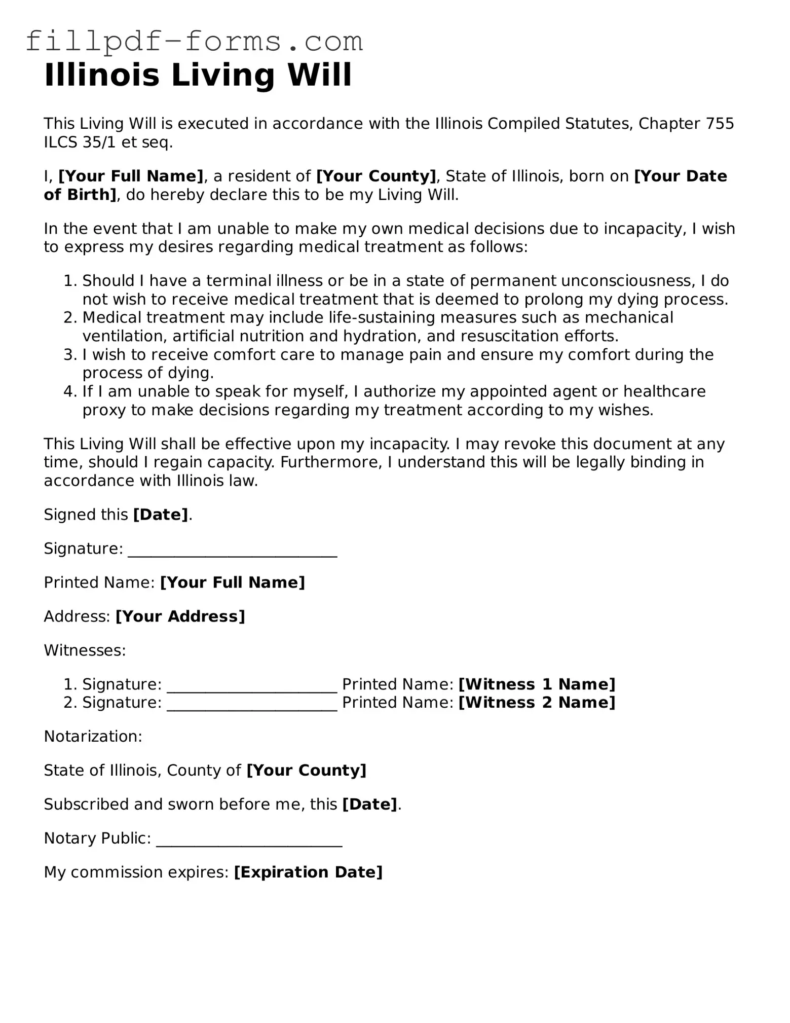 Fillable Living Will Template for the State of Illinois