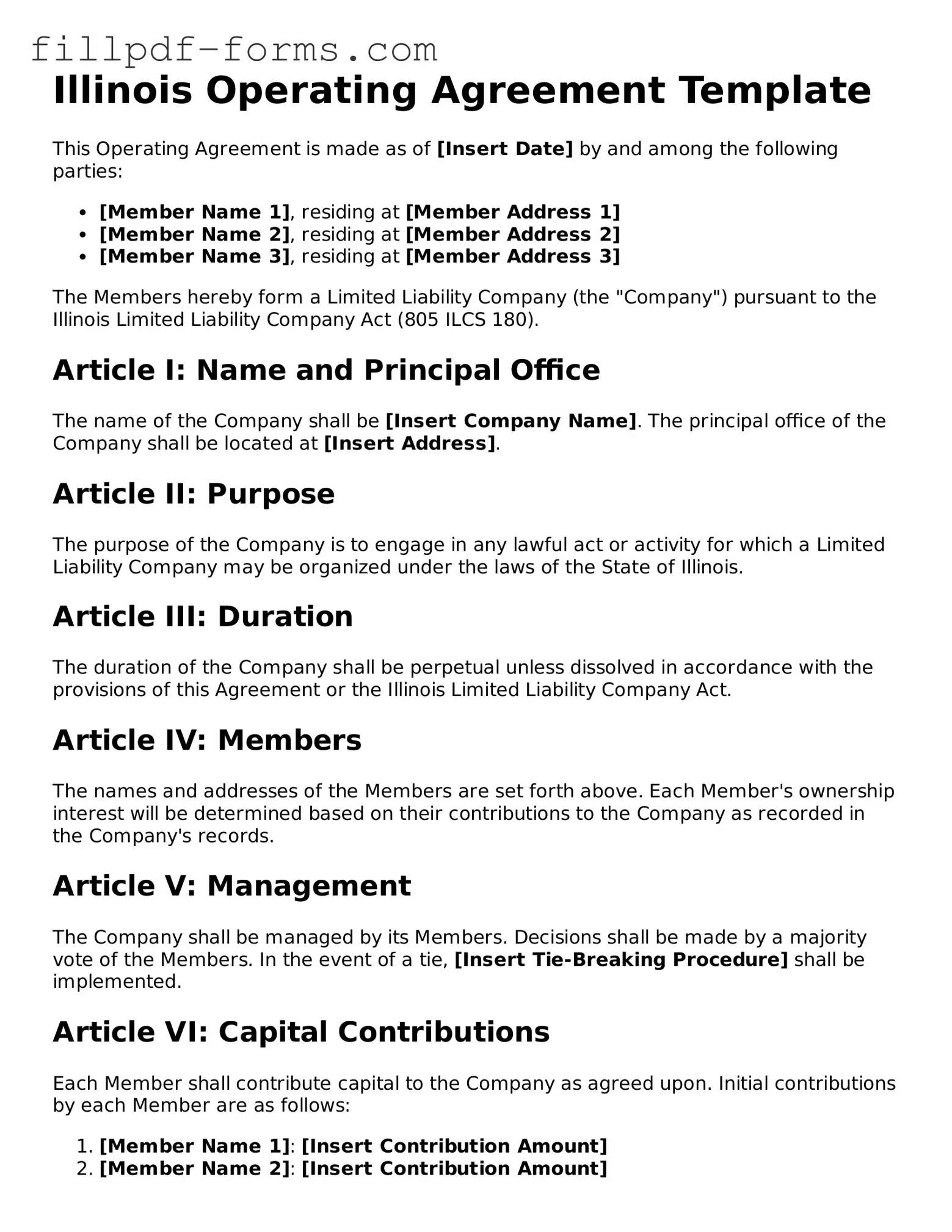 Fillable Operating Agreement Template for the State of Illinois