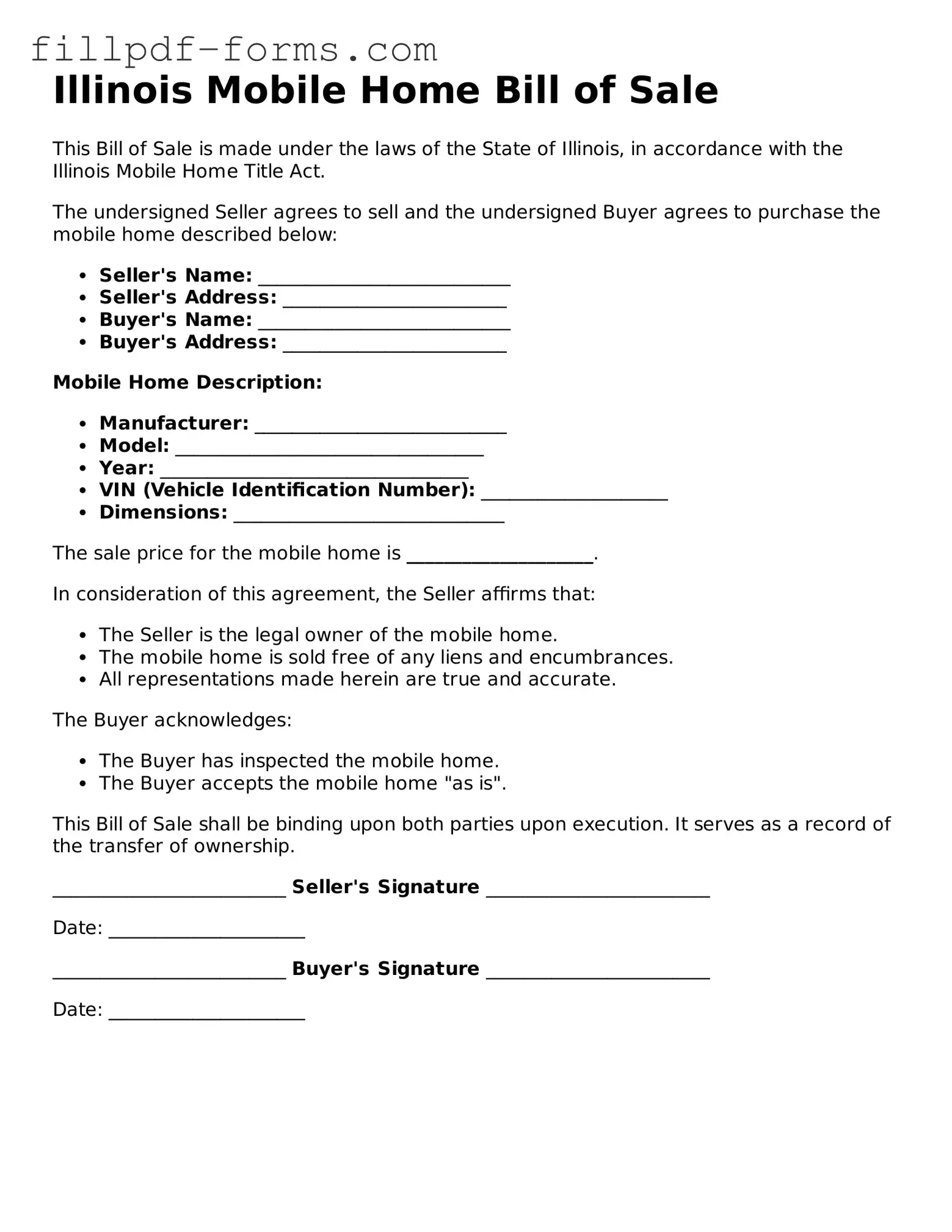 Fillable Mobile Home Bill of Sale Template for the State of Illinois