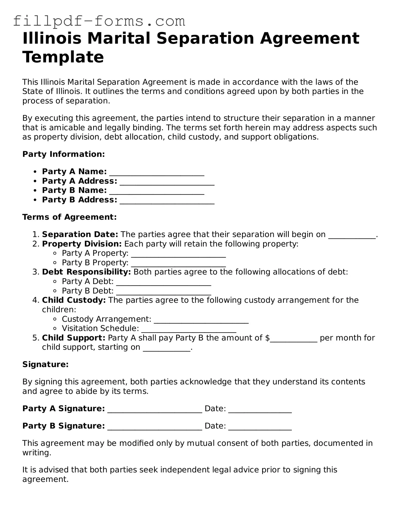 Fillable Marital Separation Agreement Template for the State of Illinois