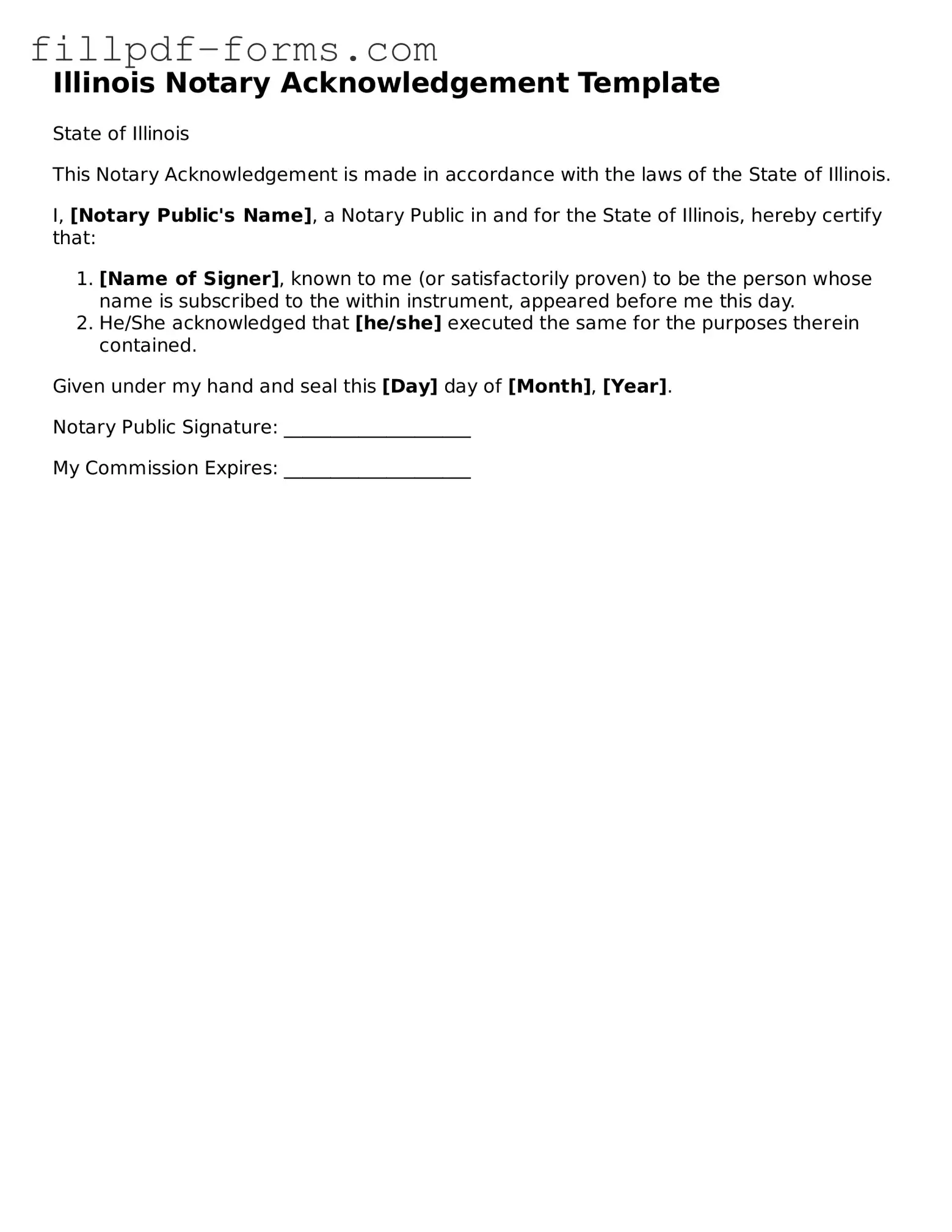 Fillable Notary Acknowledgement Template for the State of Illinois