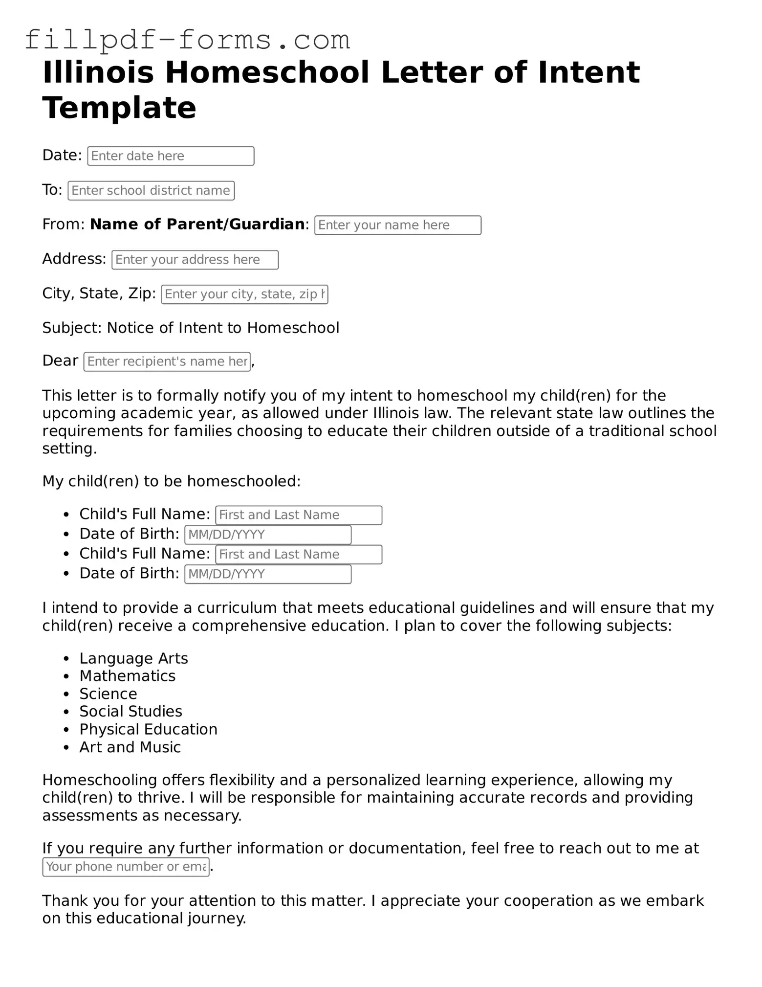 Fillable Homeschool Letter of Intent Template for the State of Illinois