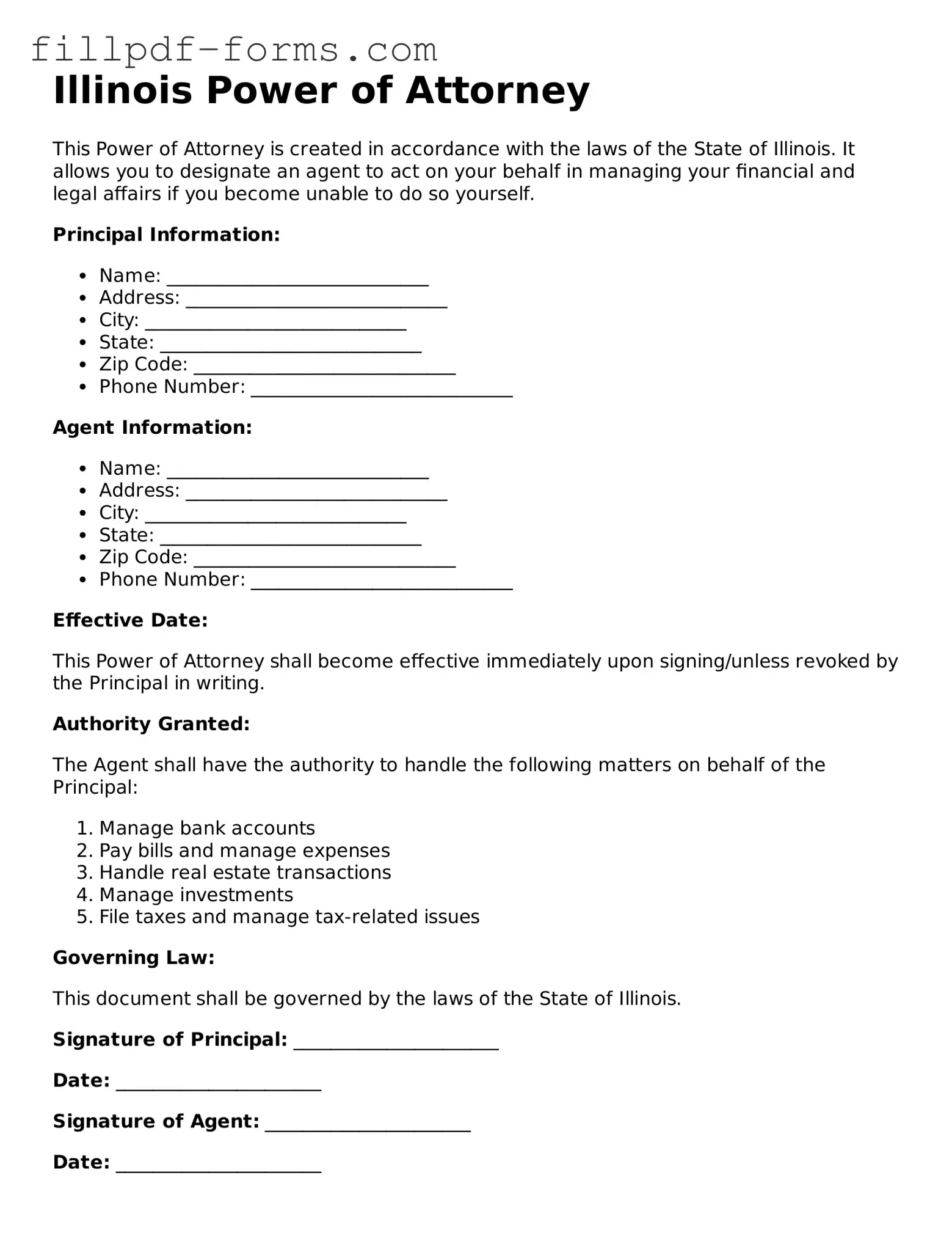 Fillable Power of Attorney Template for the State of Illinois