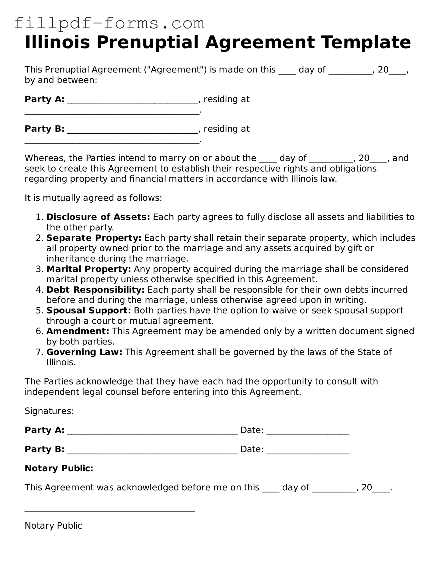 Fillable Prenuptial Agreement Template for the State of Illinois