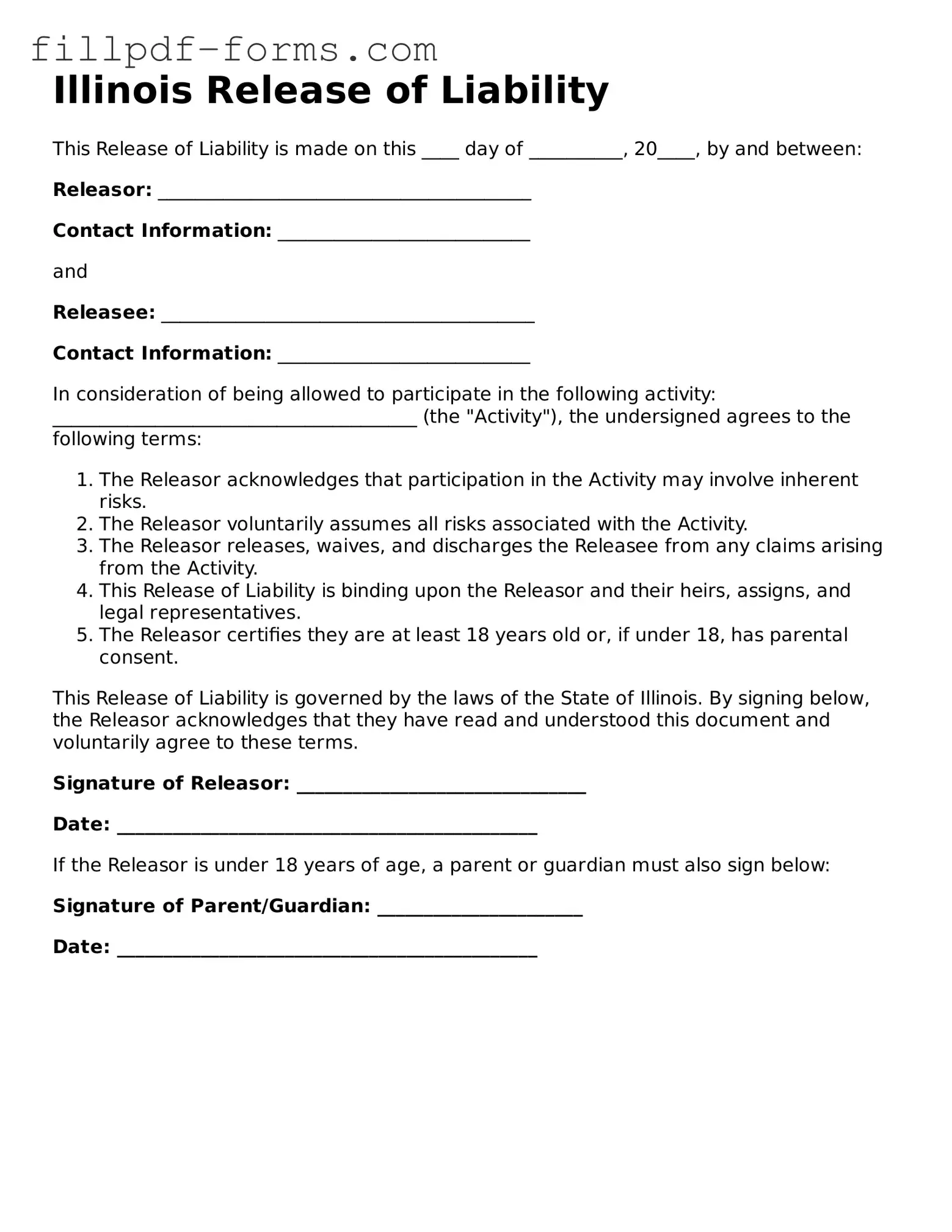 Fillable Release of Liability Template for the State of Illinois