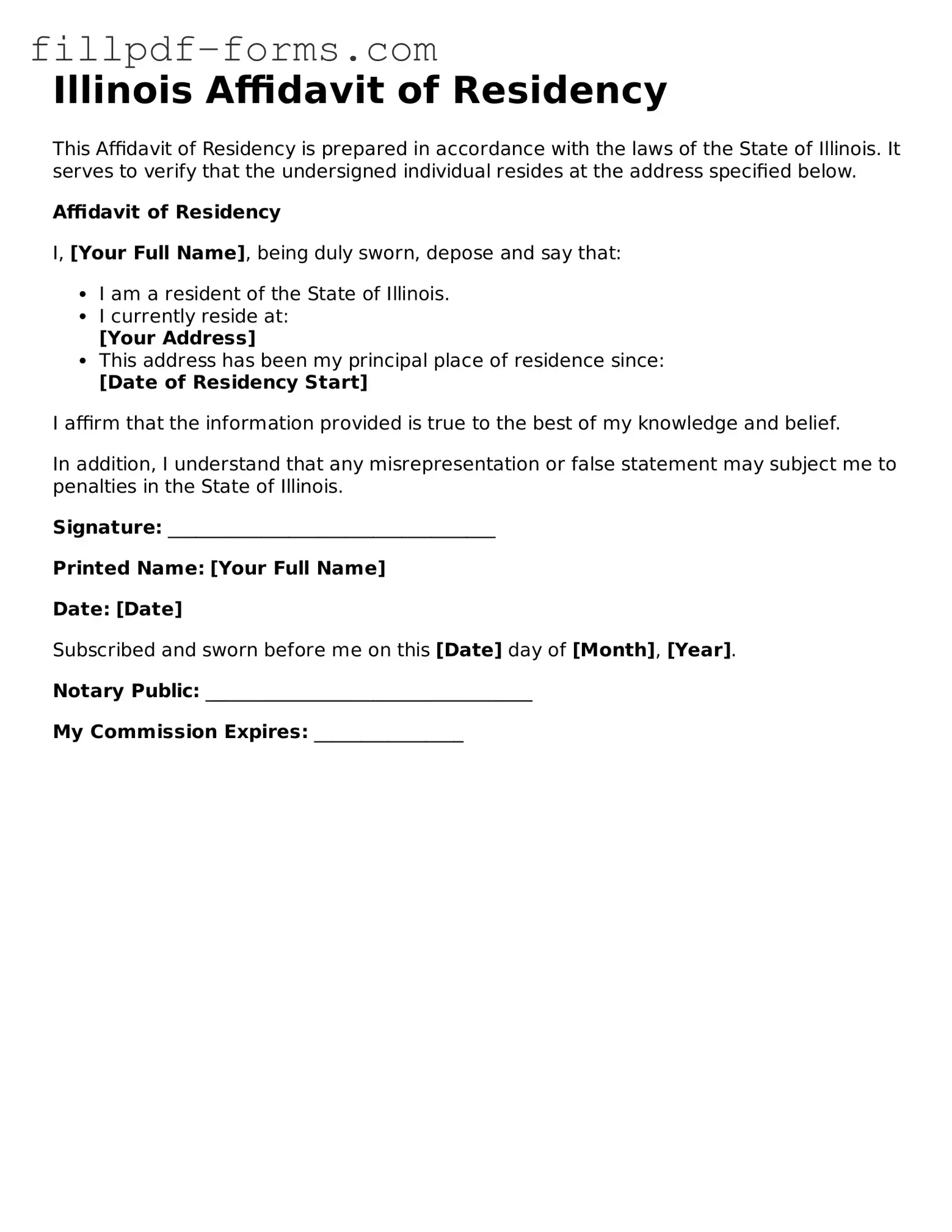 Fillable Affidavit of Residency Template for the State of Illinois