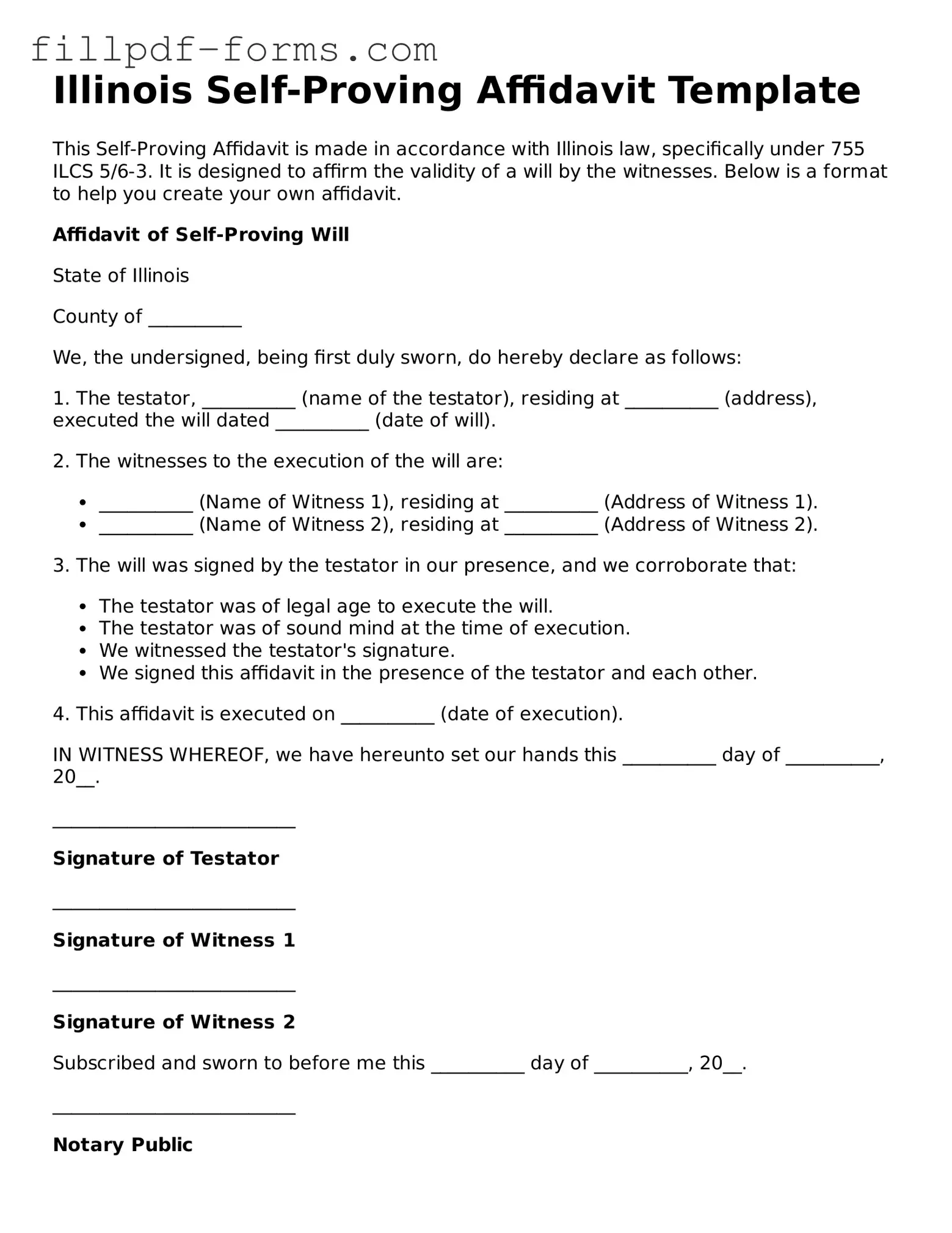 Fillable Self-Proving Affidavit Template for the State of Illinois