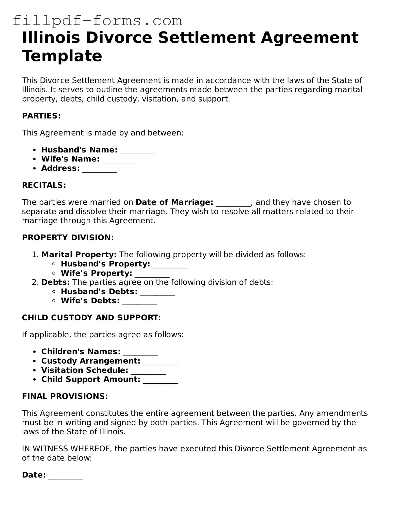 Fillable Divorce Settlement Agreement Template for the State of Illinois