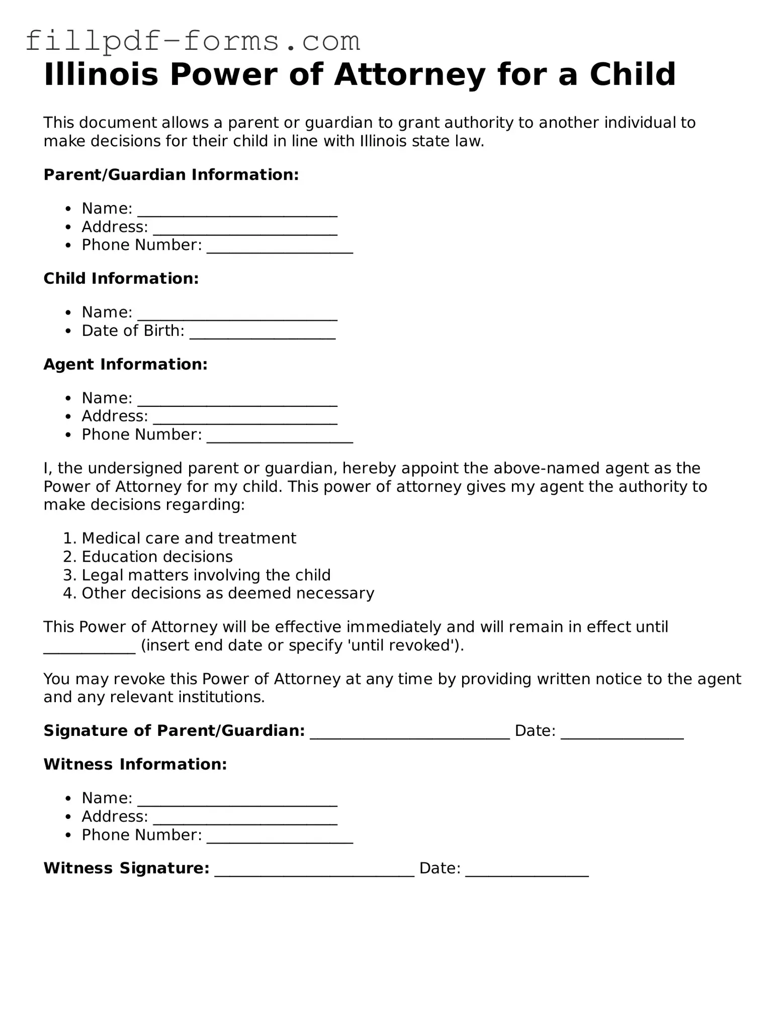 Fillable Power of Attorney for a Child Template for the State of Illinois