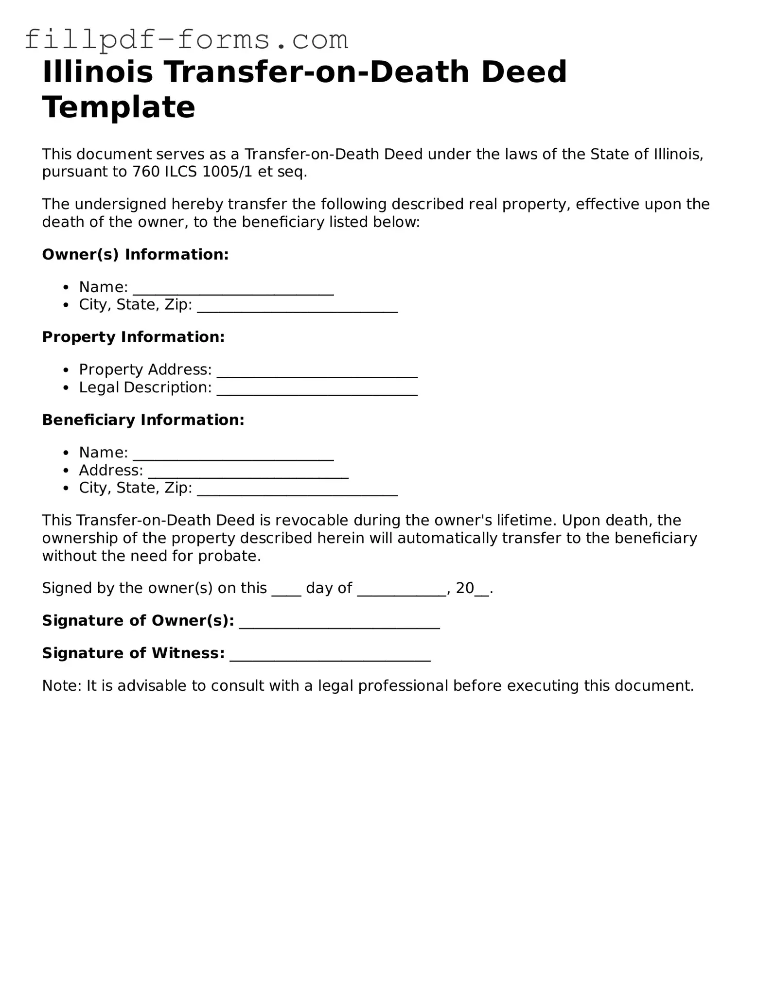 Fillable Transfer-on-Death Deed Template for the State of Illinois