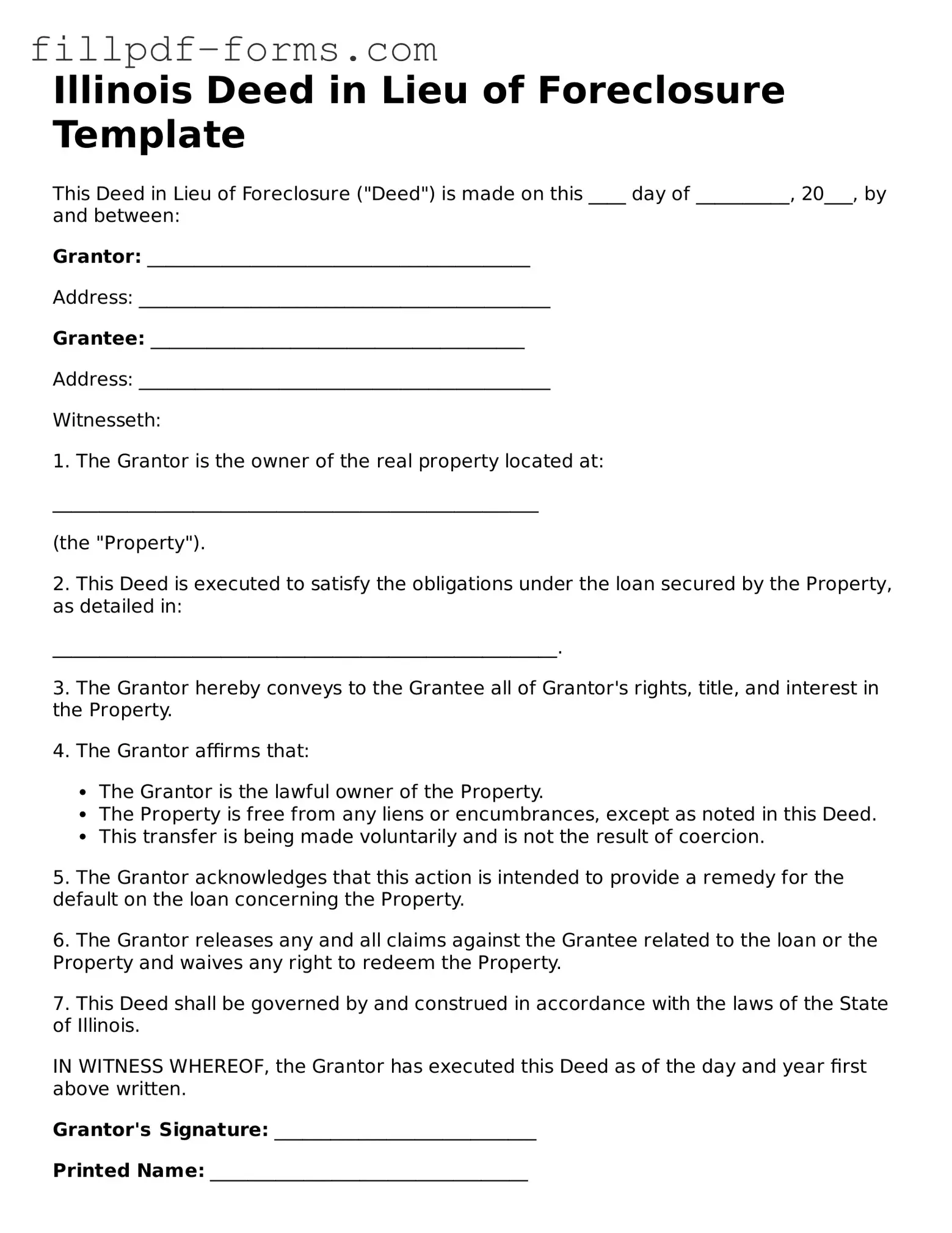 Fillable Deed in Lieu of Foreclosure Template for the State of Illinois
