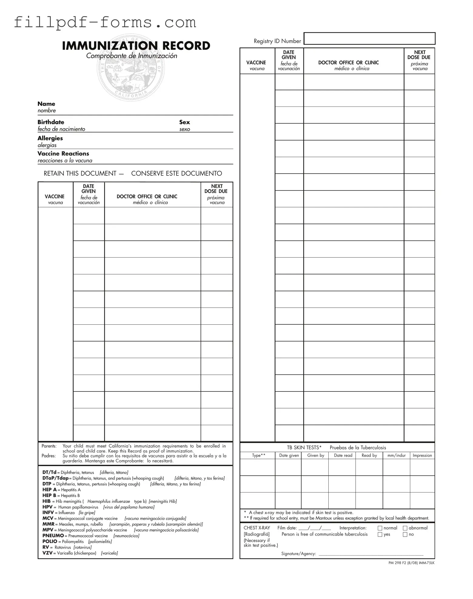 Immunization Record PDF Form