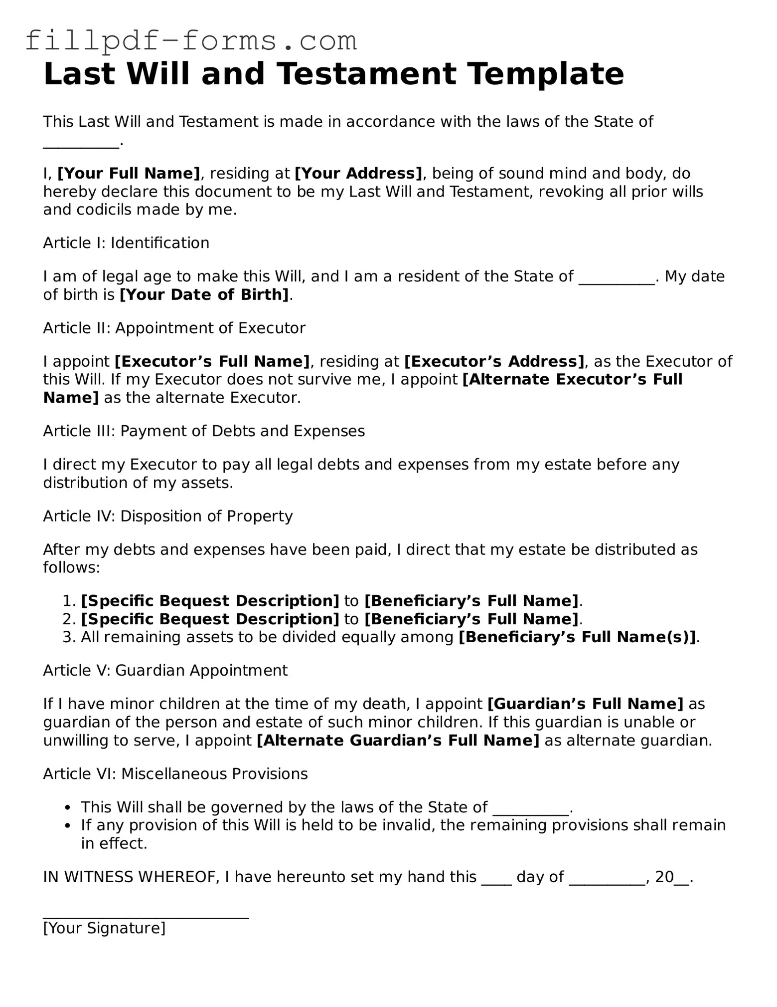 Fillable Last Will and Testament Template