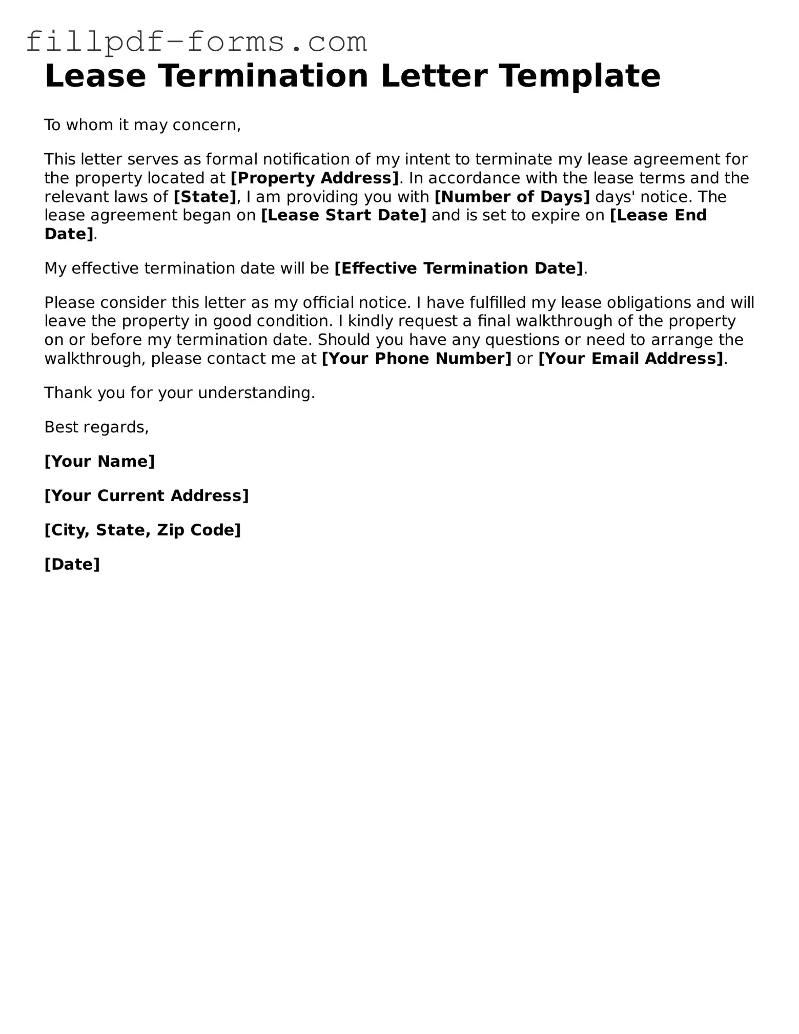 Fillable Lease Termination Letter Template