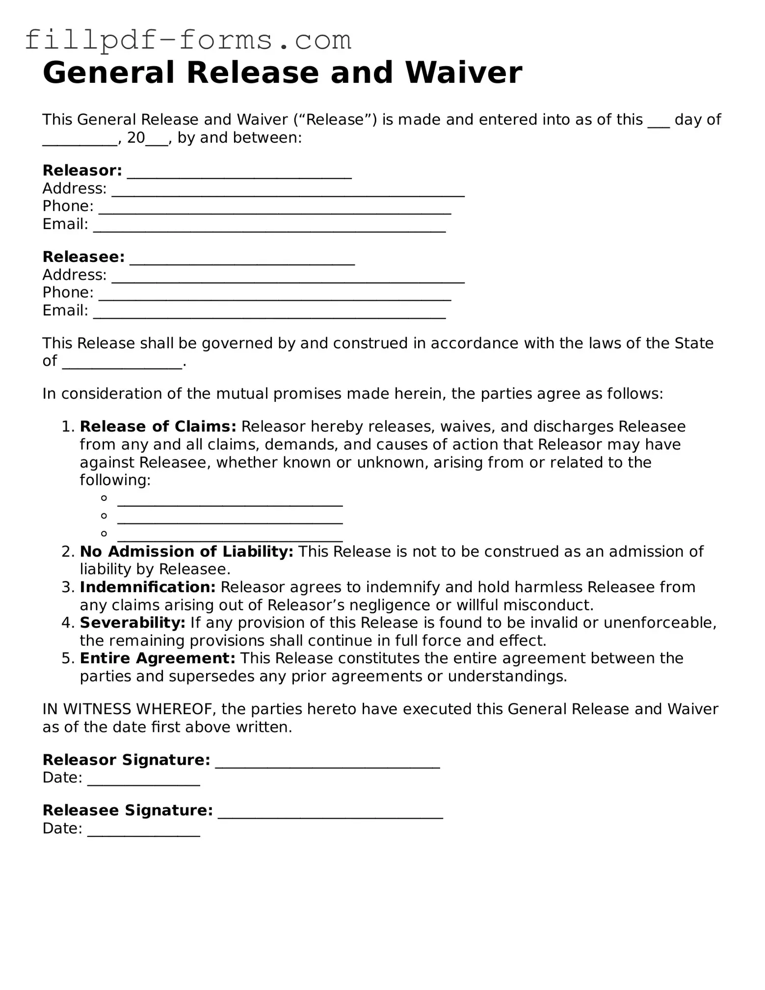 Fillable General Release and Waiver Template