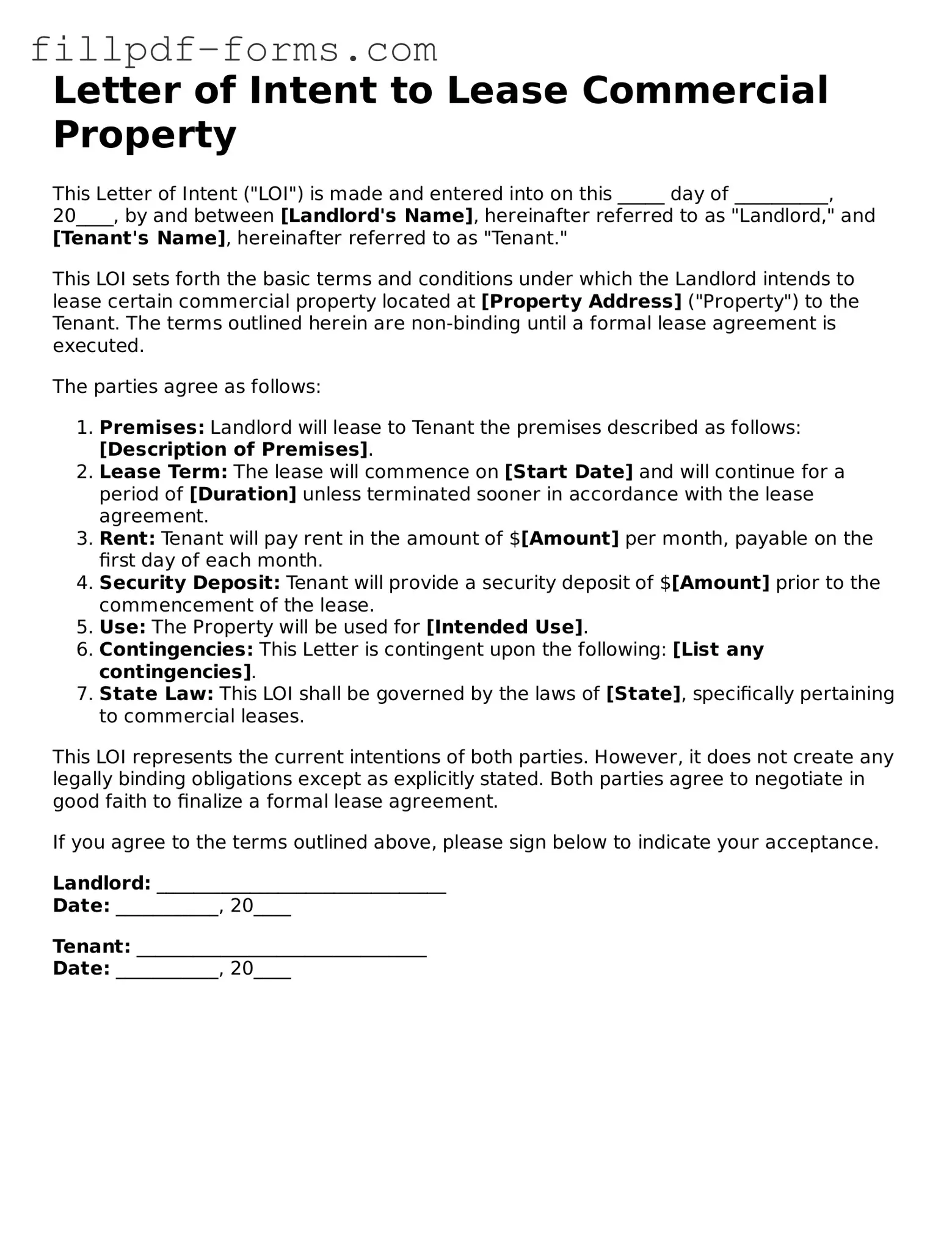 Fillable Letter of Intent to Lease Commercial Property Template