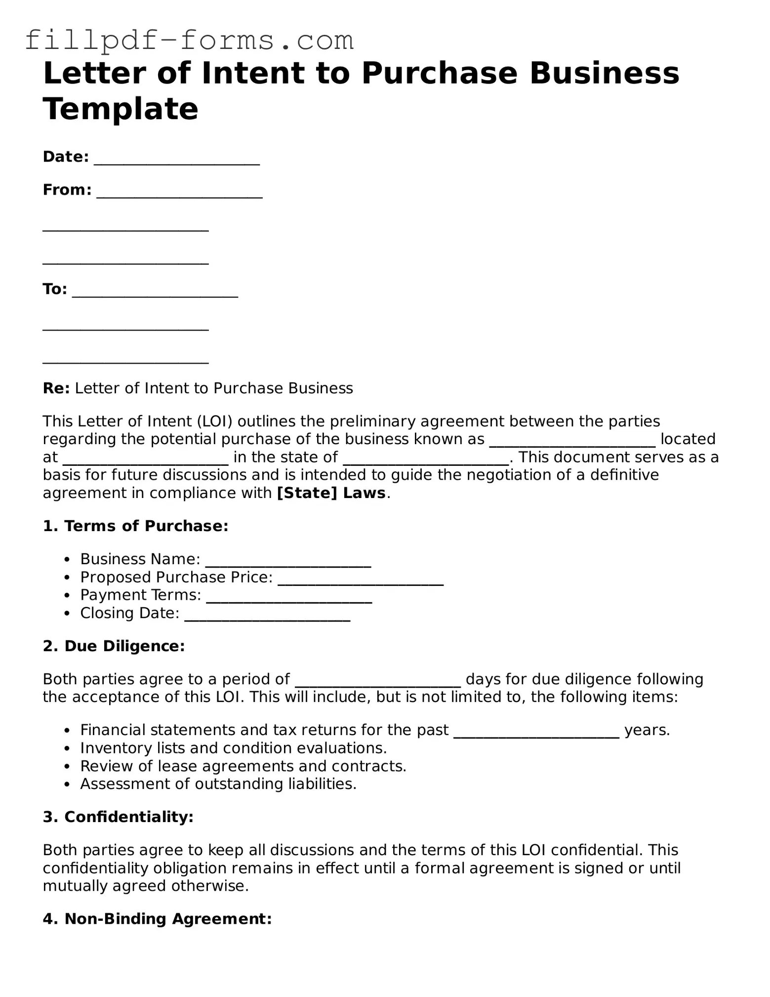 Fillable Letter of Intent to Purchase Business Template