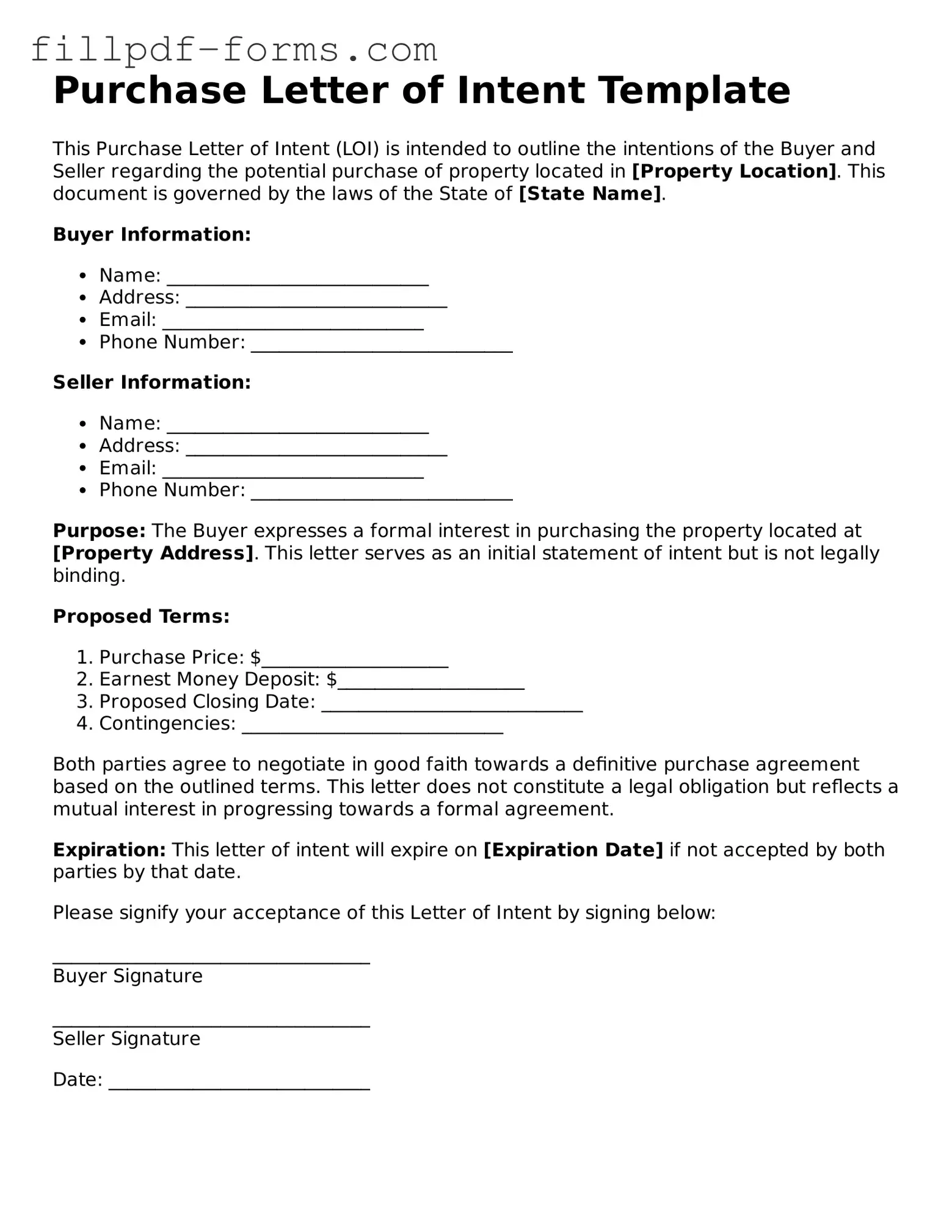 Fillable Purchase Letter of Intent Template