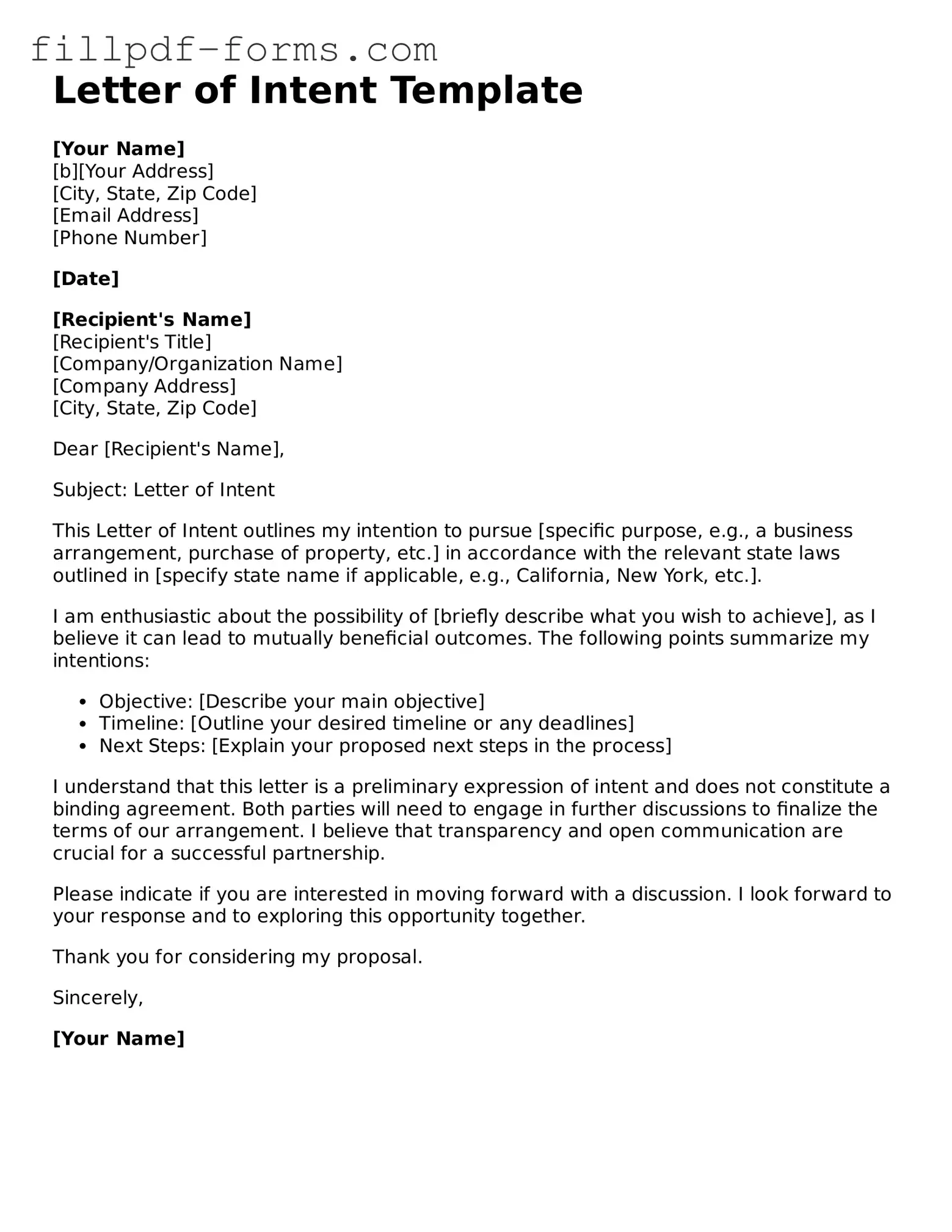 Fillable Letter of Intent Template