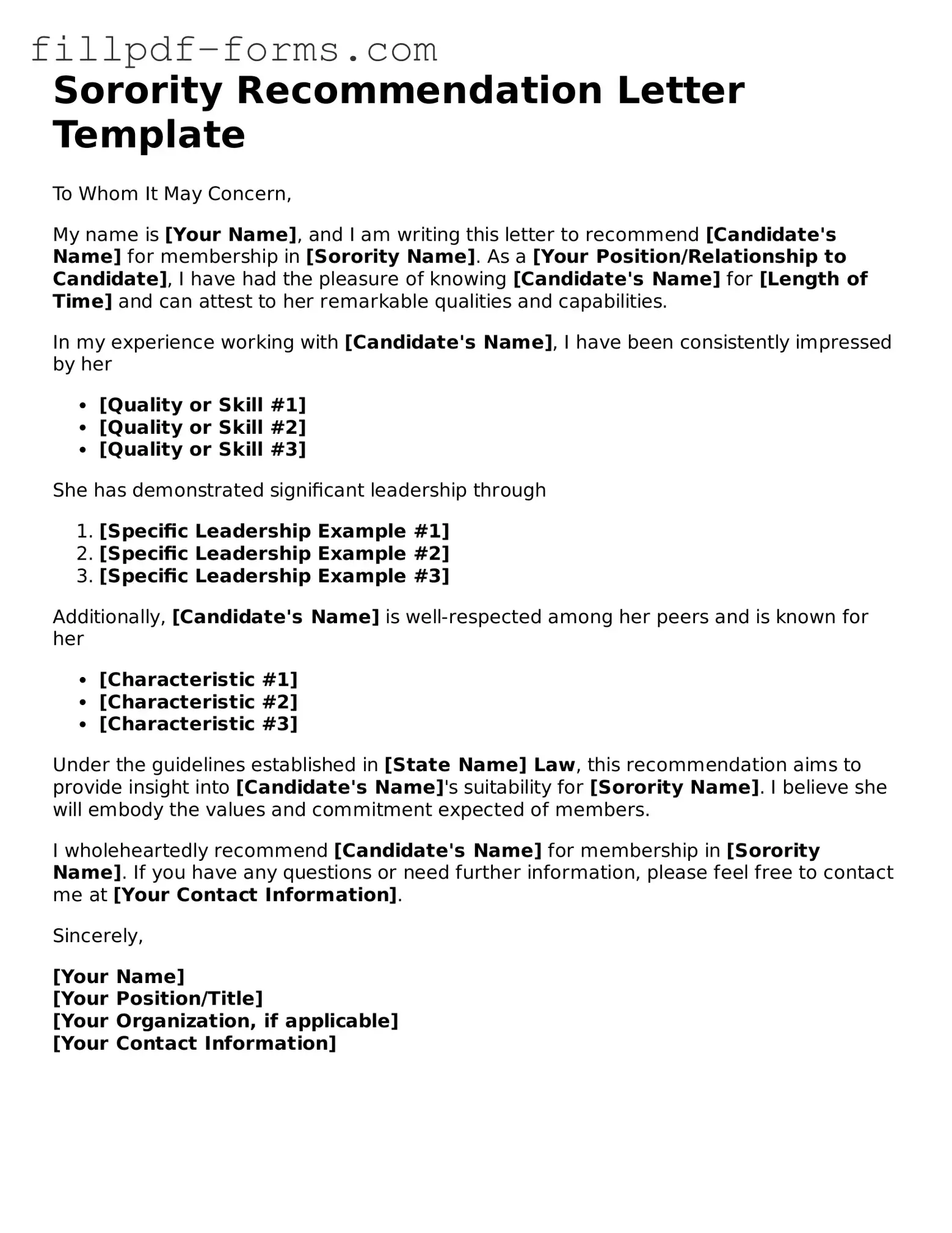 Fillable Sorority Recommendation Letter Template