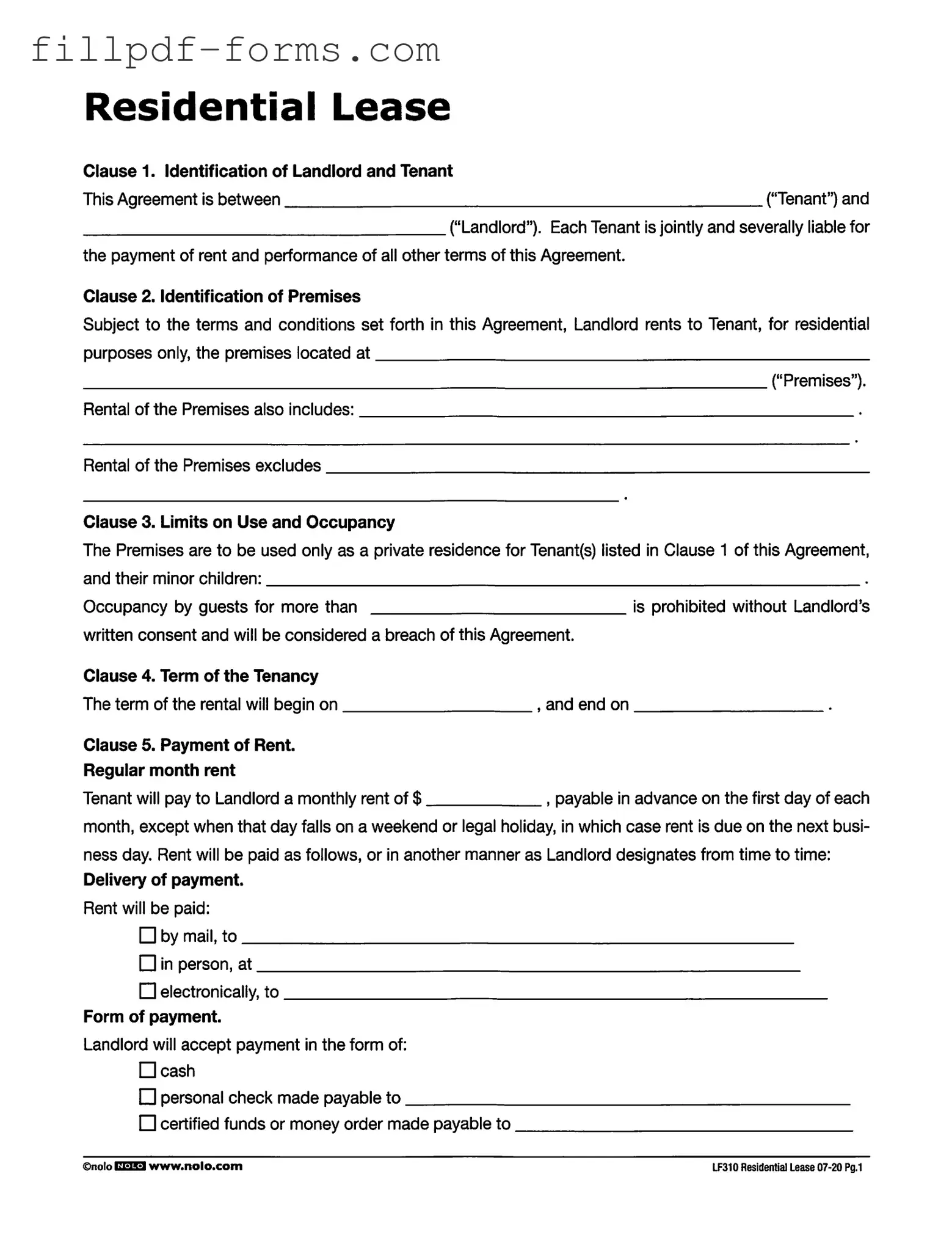 Lf310 Residential Lease PDF Form