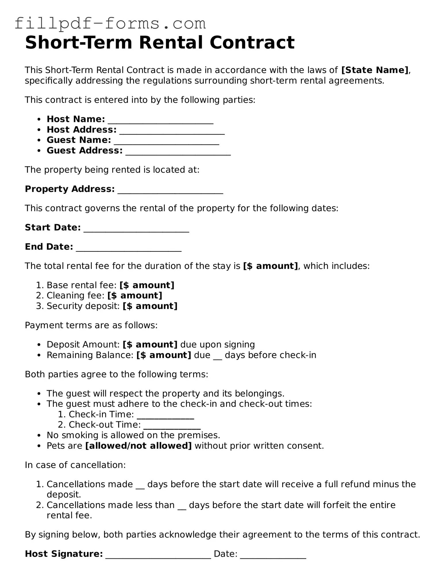Fillable Short-Term Rental Contract Template