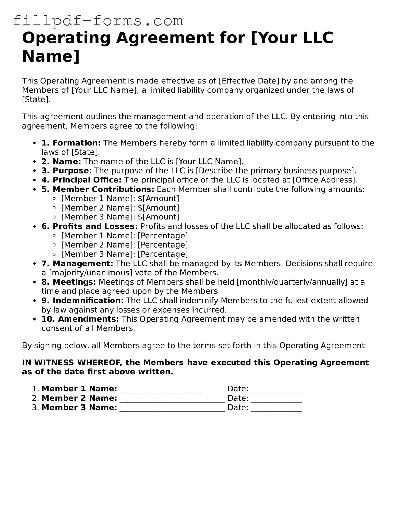Fillable Operating Agreement Template