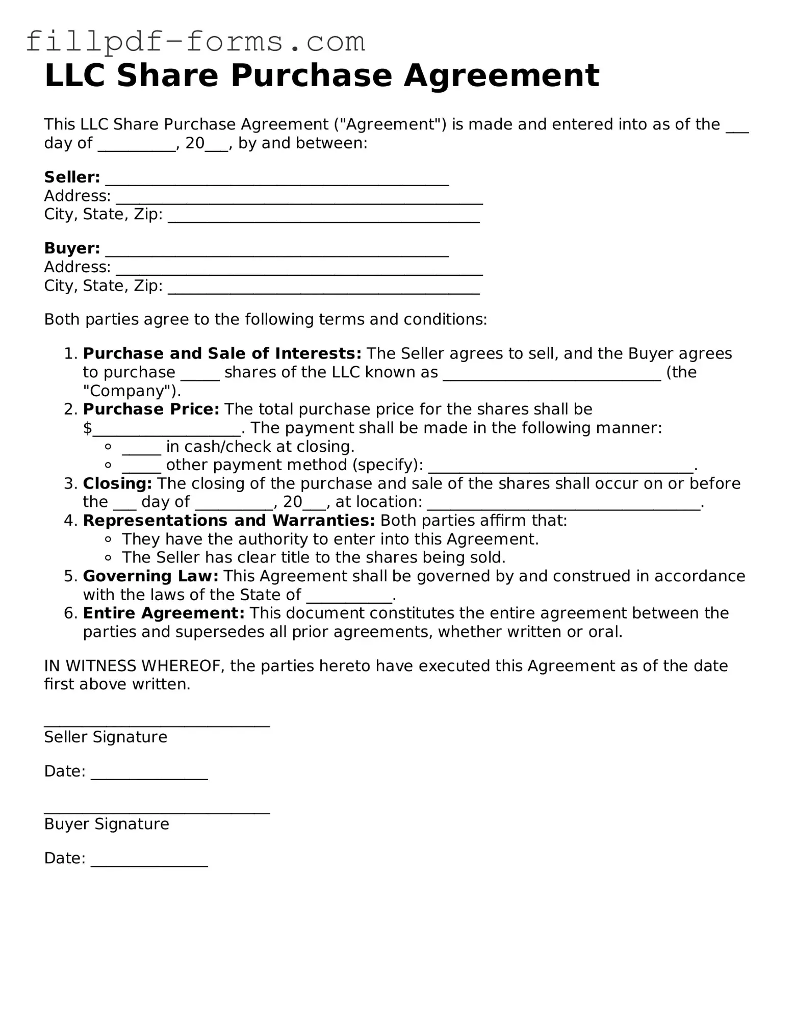 Fillable LLC Share Purchase Agreement Template