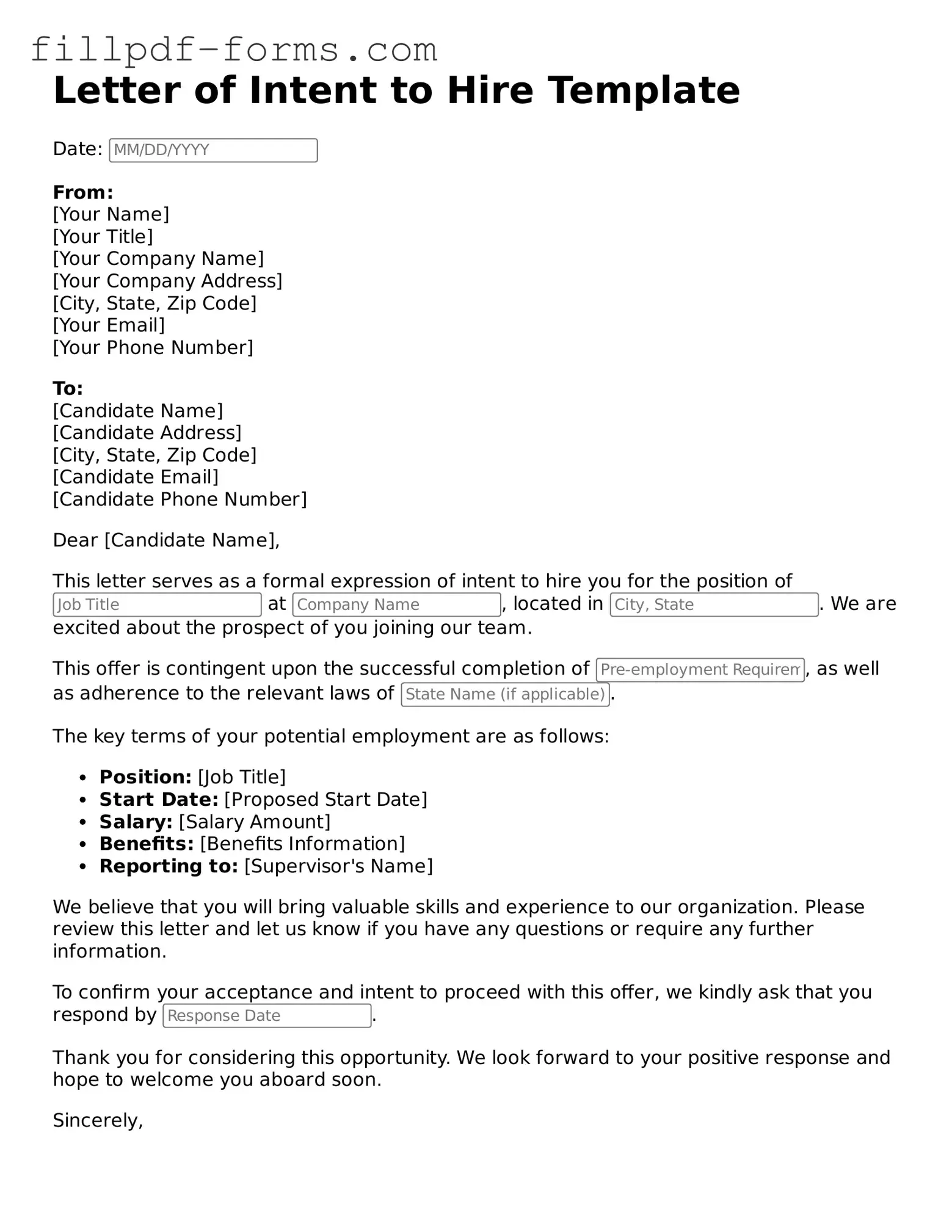 Fillable Letter of Intent to Hire Template