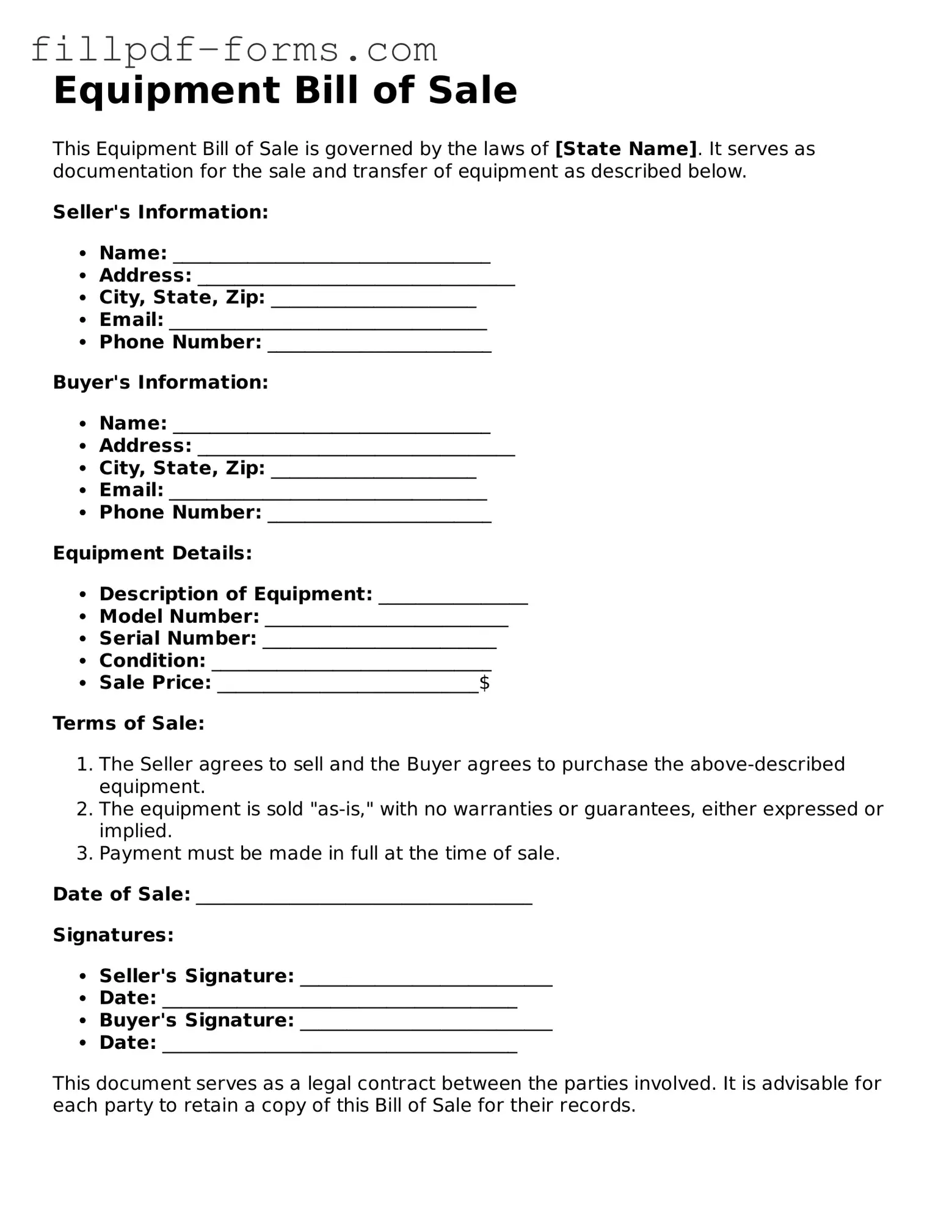 Fillable Equipment Bill of Sale Template