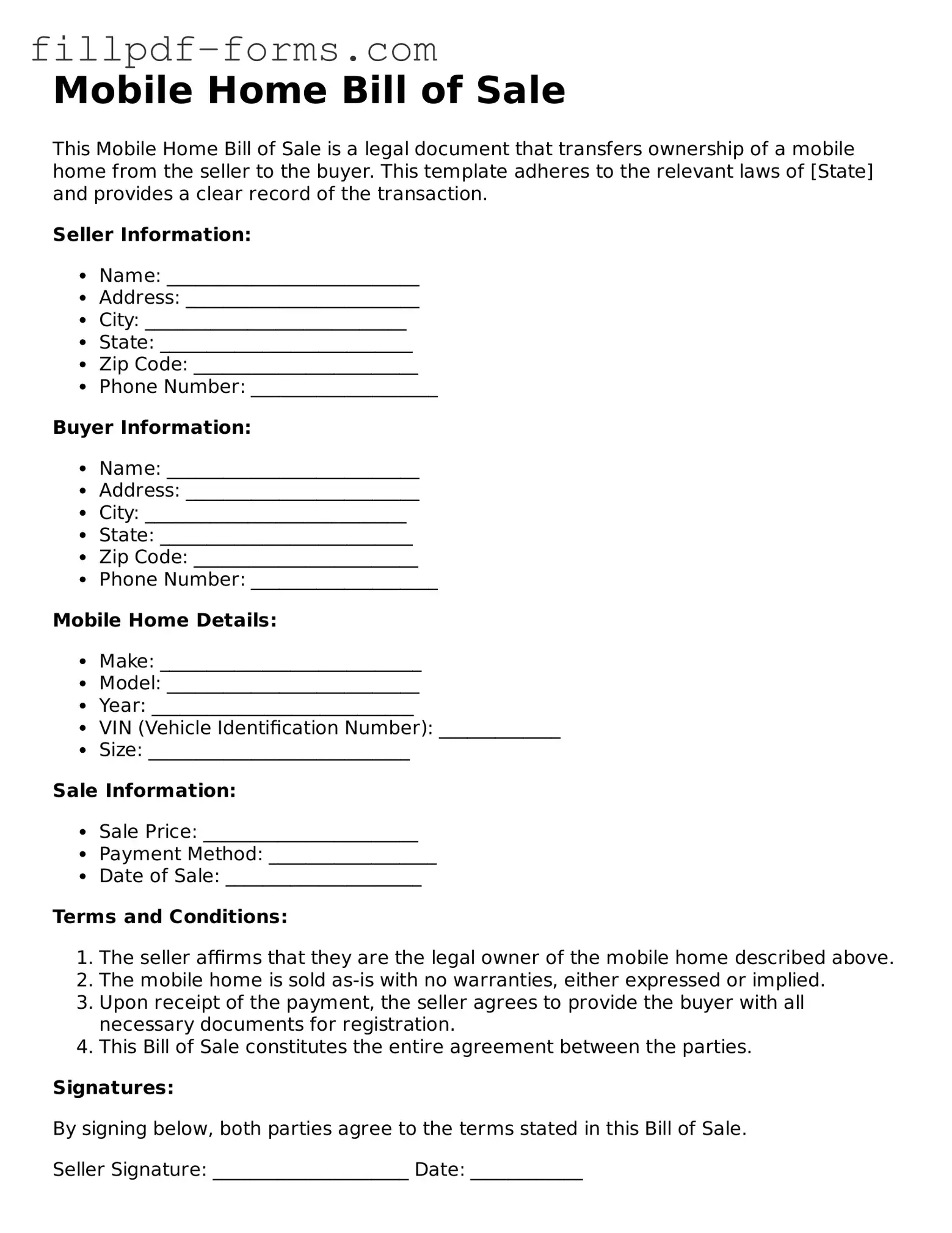 Fillable Mobile Home Bill of Sale Template